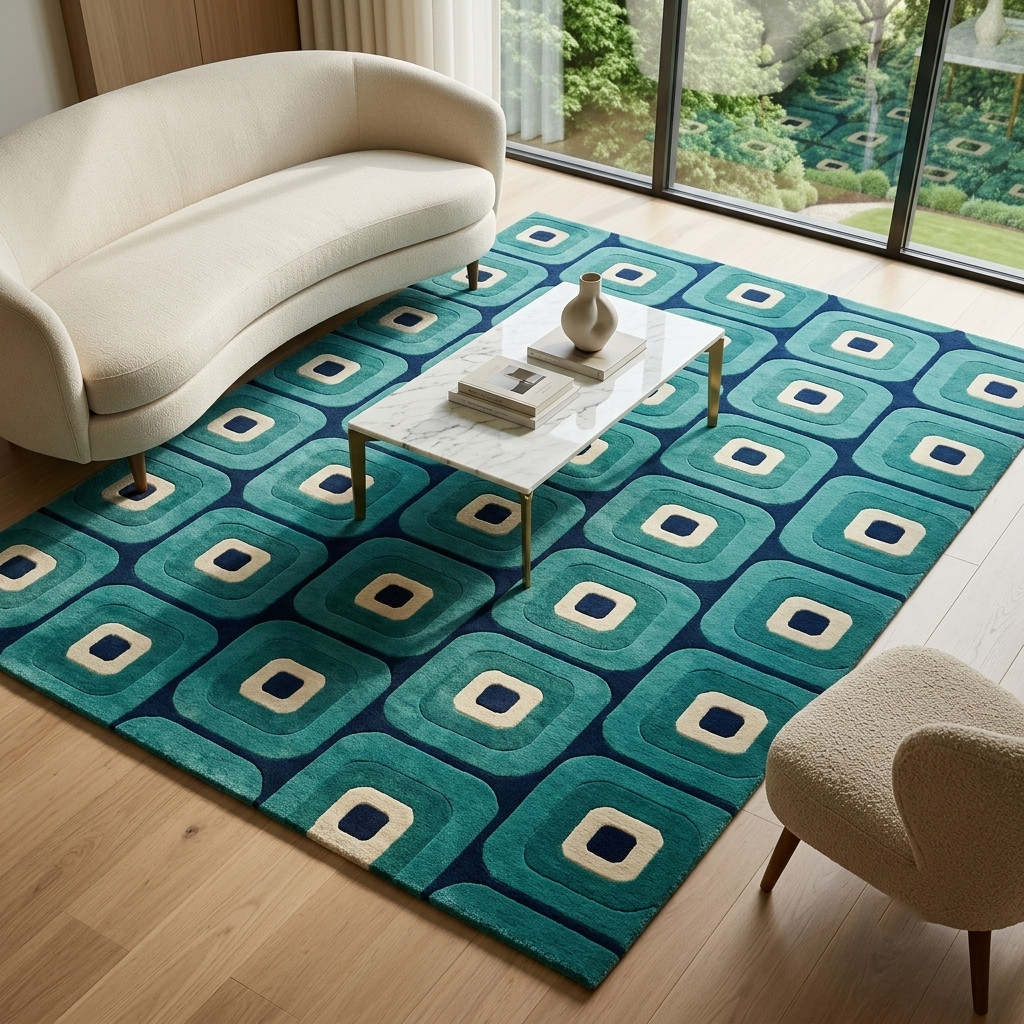Hand Tufted Teal Blue Wool Rug 8×10 Mid Century Modern Geometric Retro Area Rug