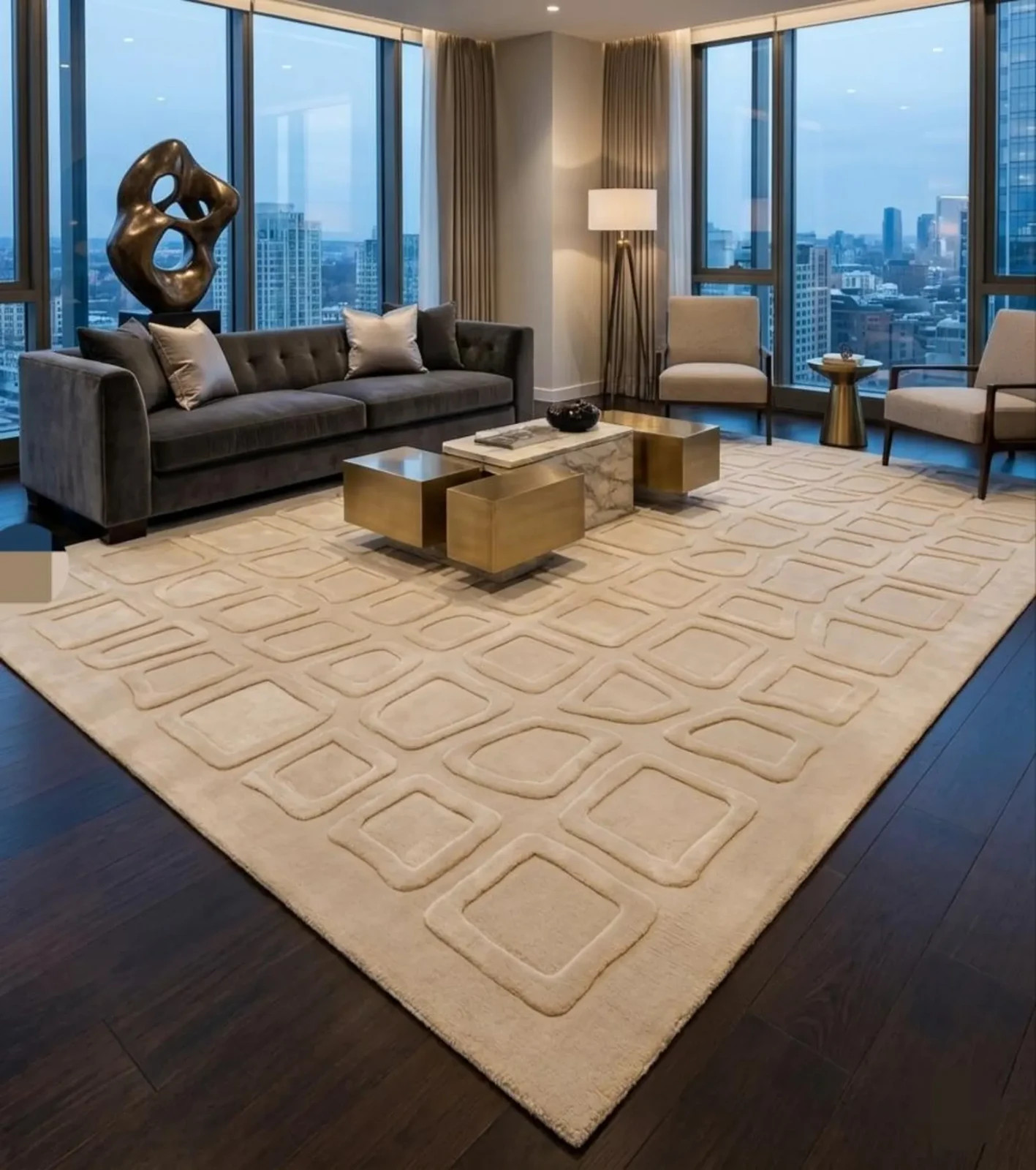 Modern Hand Tufted Wool Rug Beige Geometric 3D Carved Large Living Room Carpet