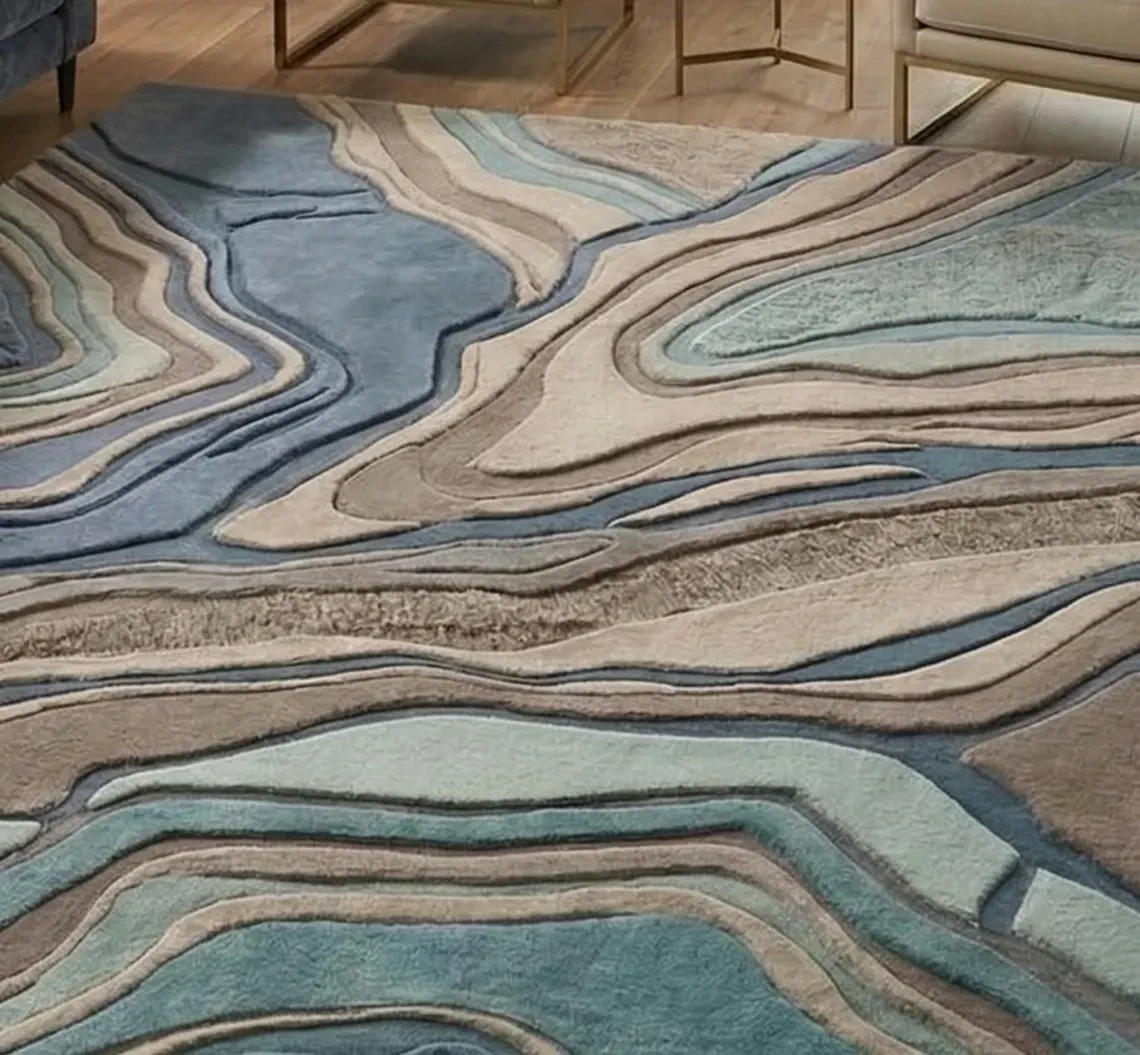 Hand Tufted Abstract Wool Rug, Blue Beige Wave Design, Modern Living Room Carpet