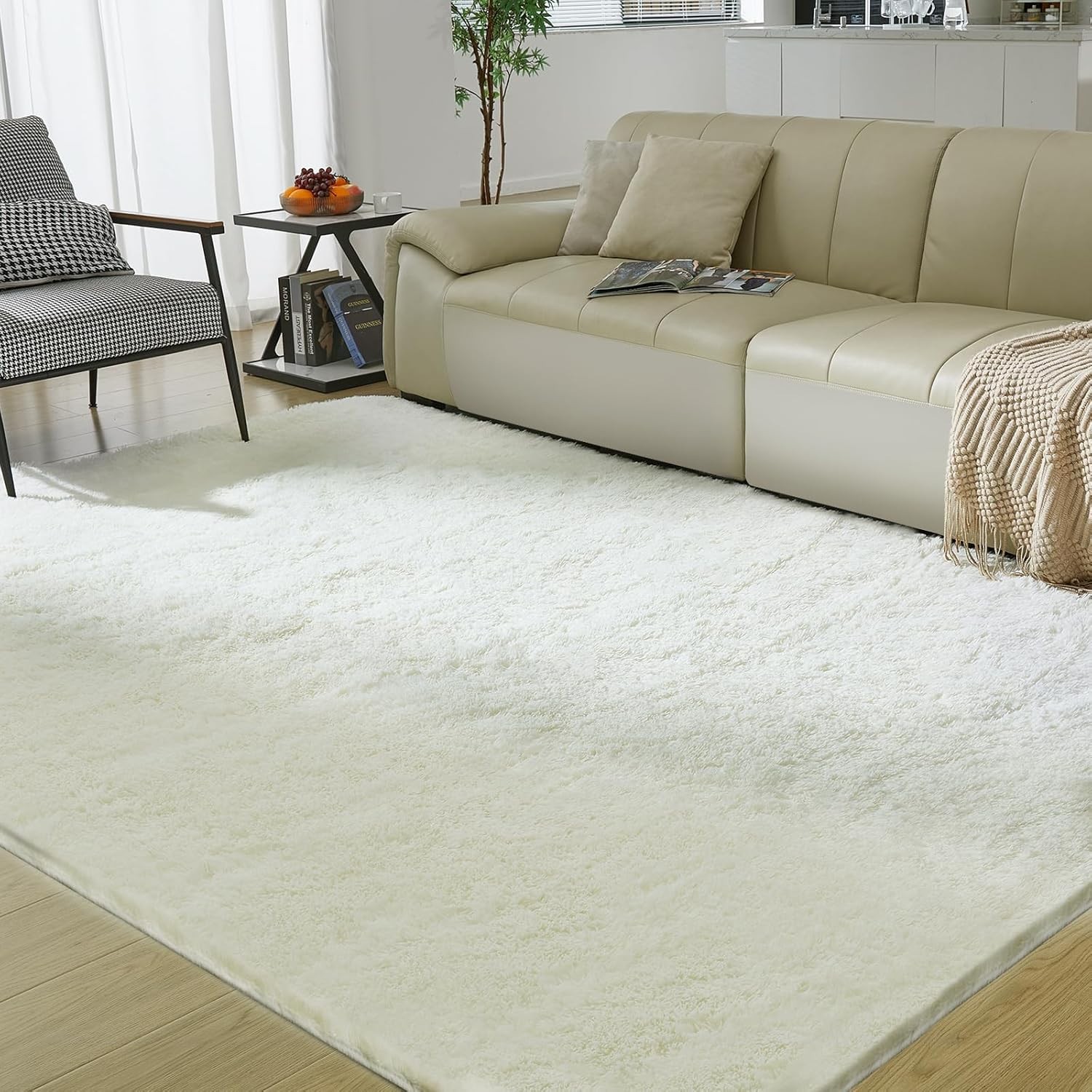 8X10 Fluffy Shag Area Rug – Stylish Cream Comfort for Bedrooms & Living Rooms