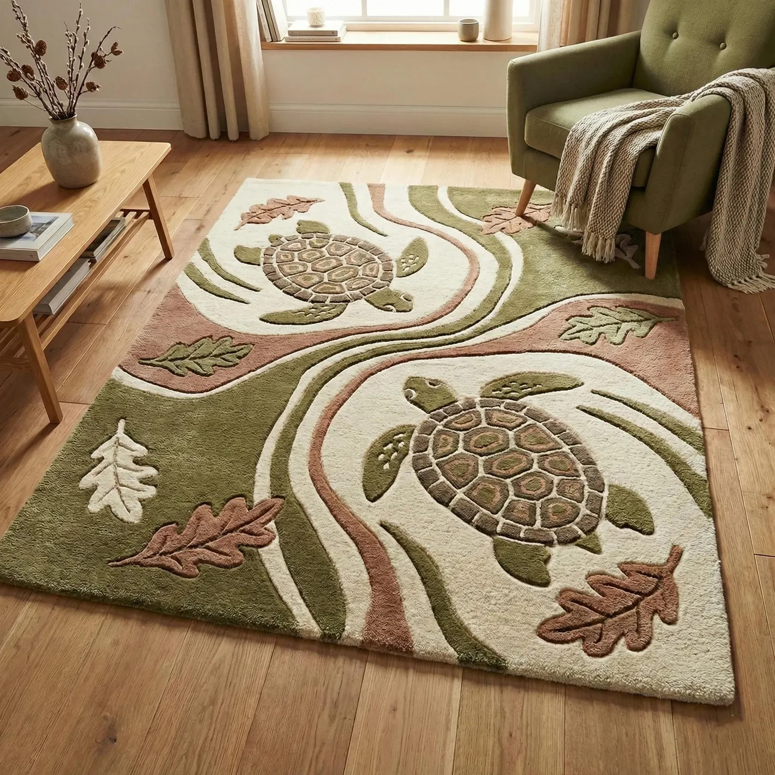 Hand Tufted Wool Turtle Area Rug Nature Coastal Living Room Decor modern rug