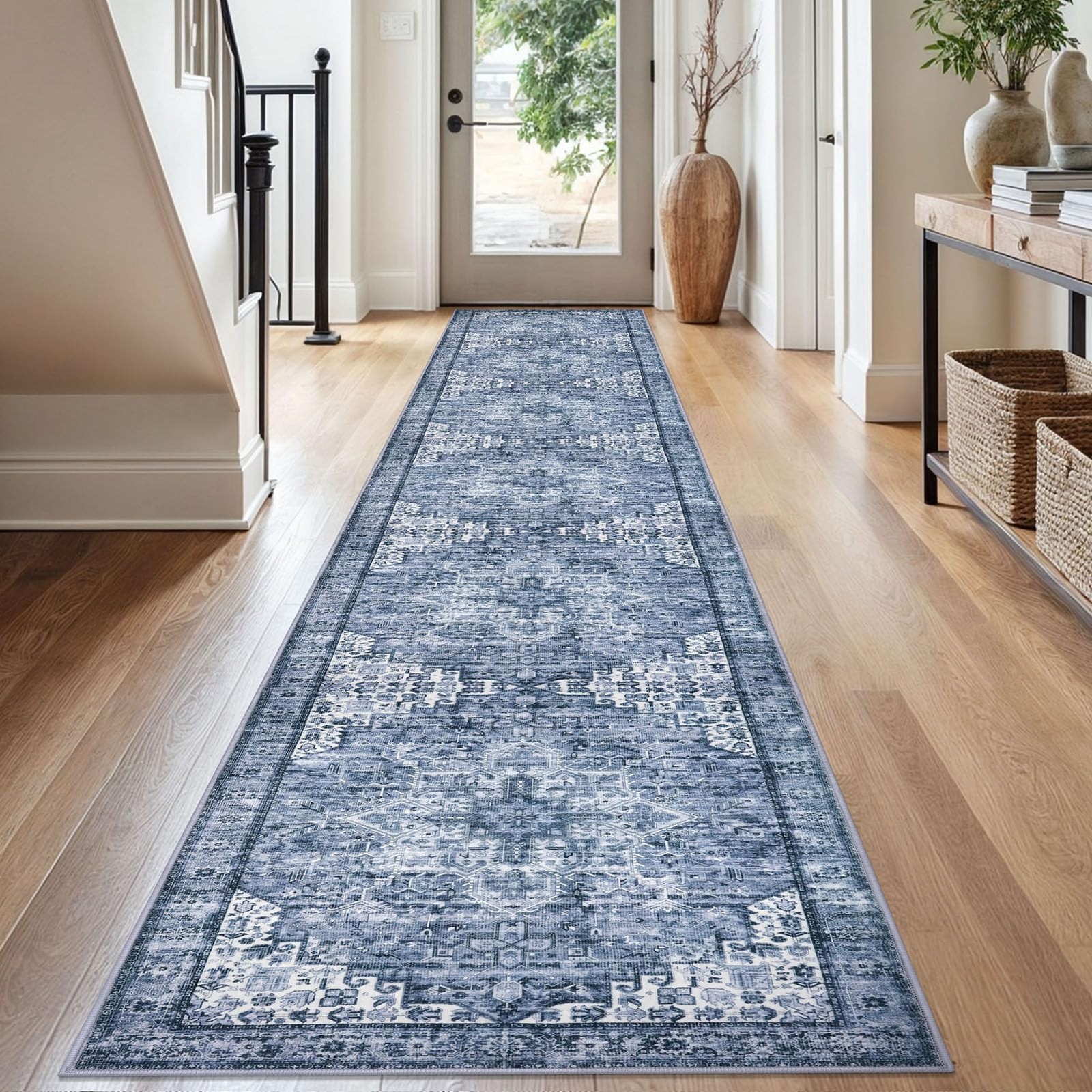 SIILOOM 2.6×16 Washable Rug for Entrance, Blue Soft Printed Area Rug, NonSlip…