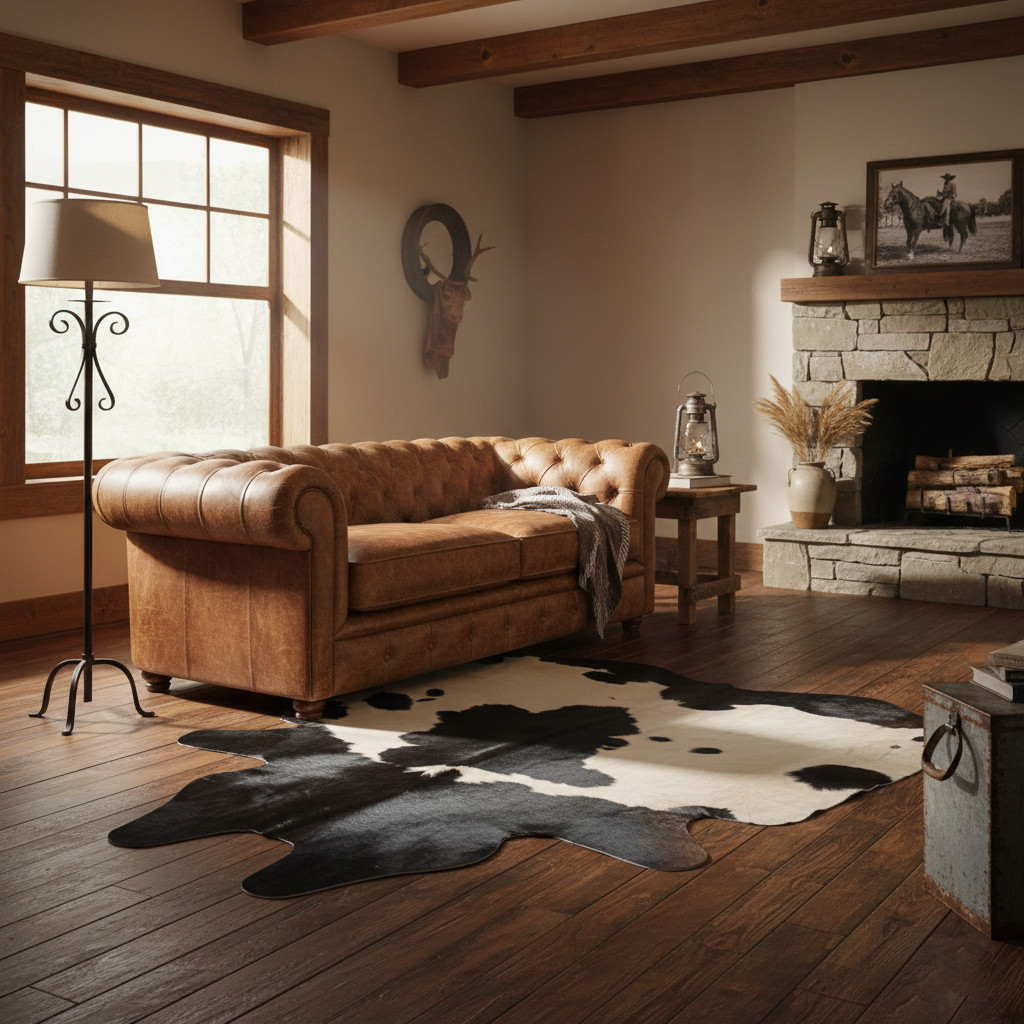 Natural Black & White Cowhide Rug 4.9 x 4.9 ft – Snow & Shadow