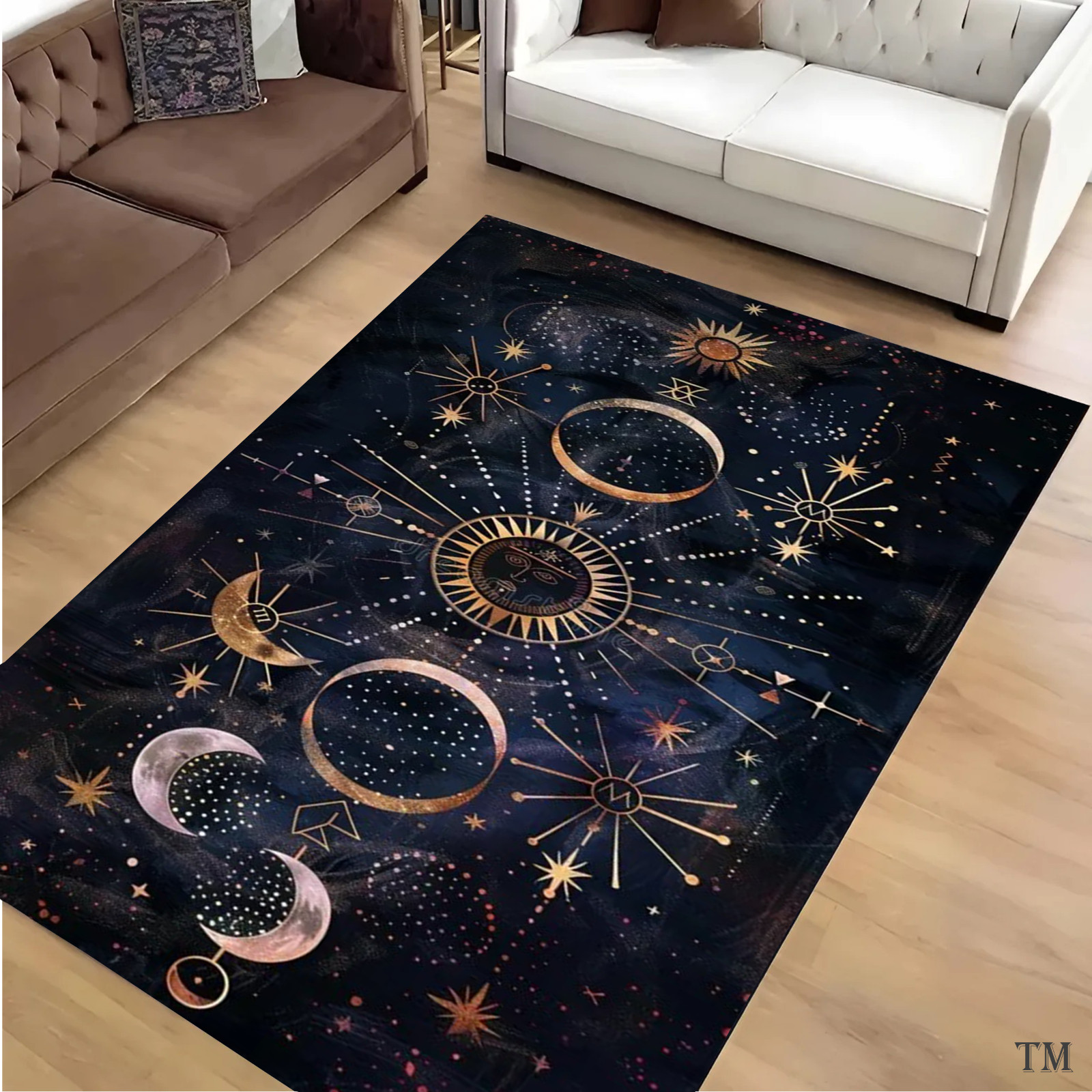 Celestial Moon Phase Area Rug Astrology Sun Stars Non-Slip Living Room Carpet