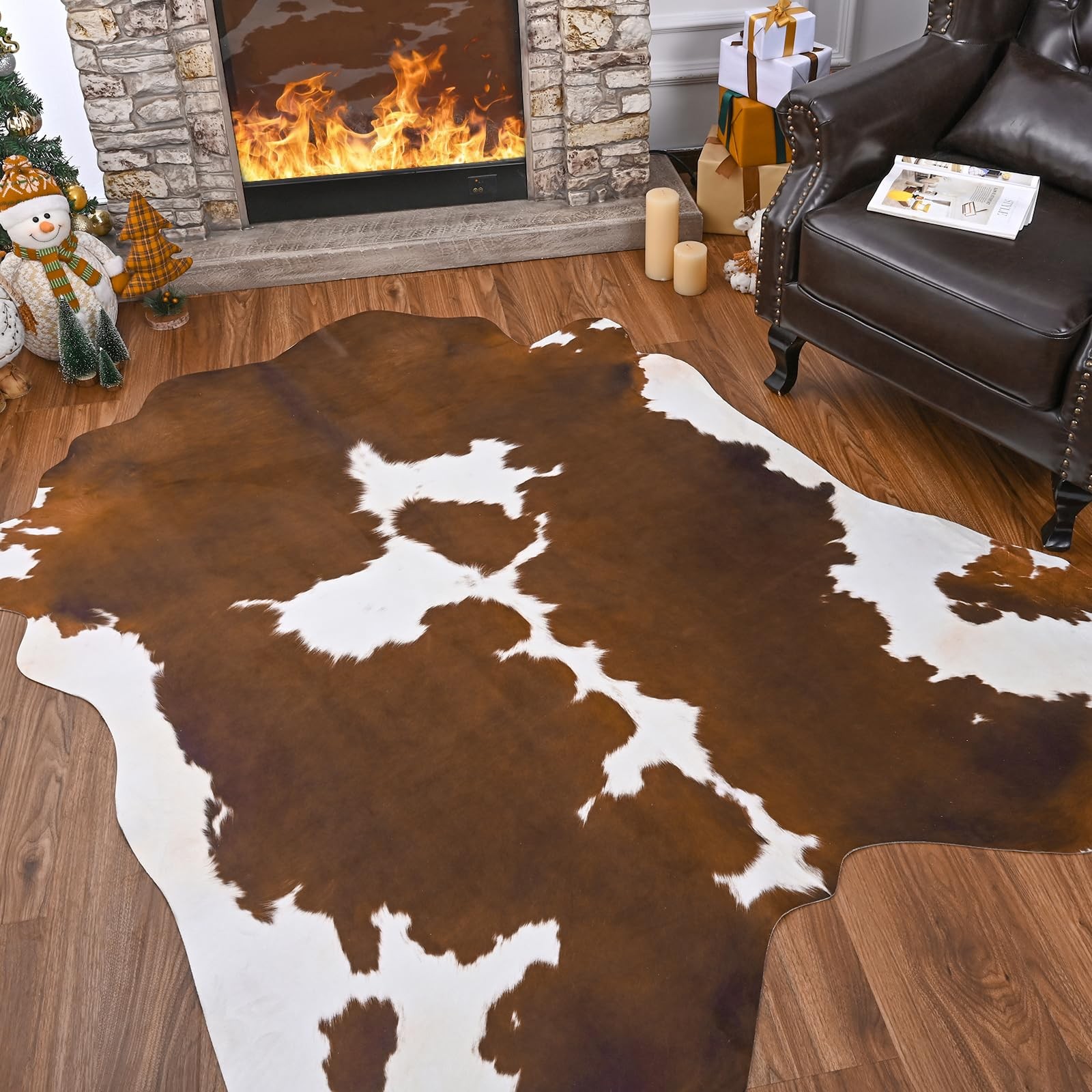 4 x 3 Feet Brown Faux Cowhide Rug Medium Thickened Cow Print Area Carpet Decor