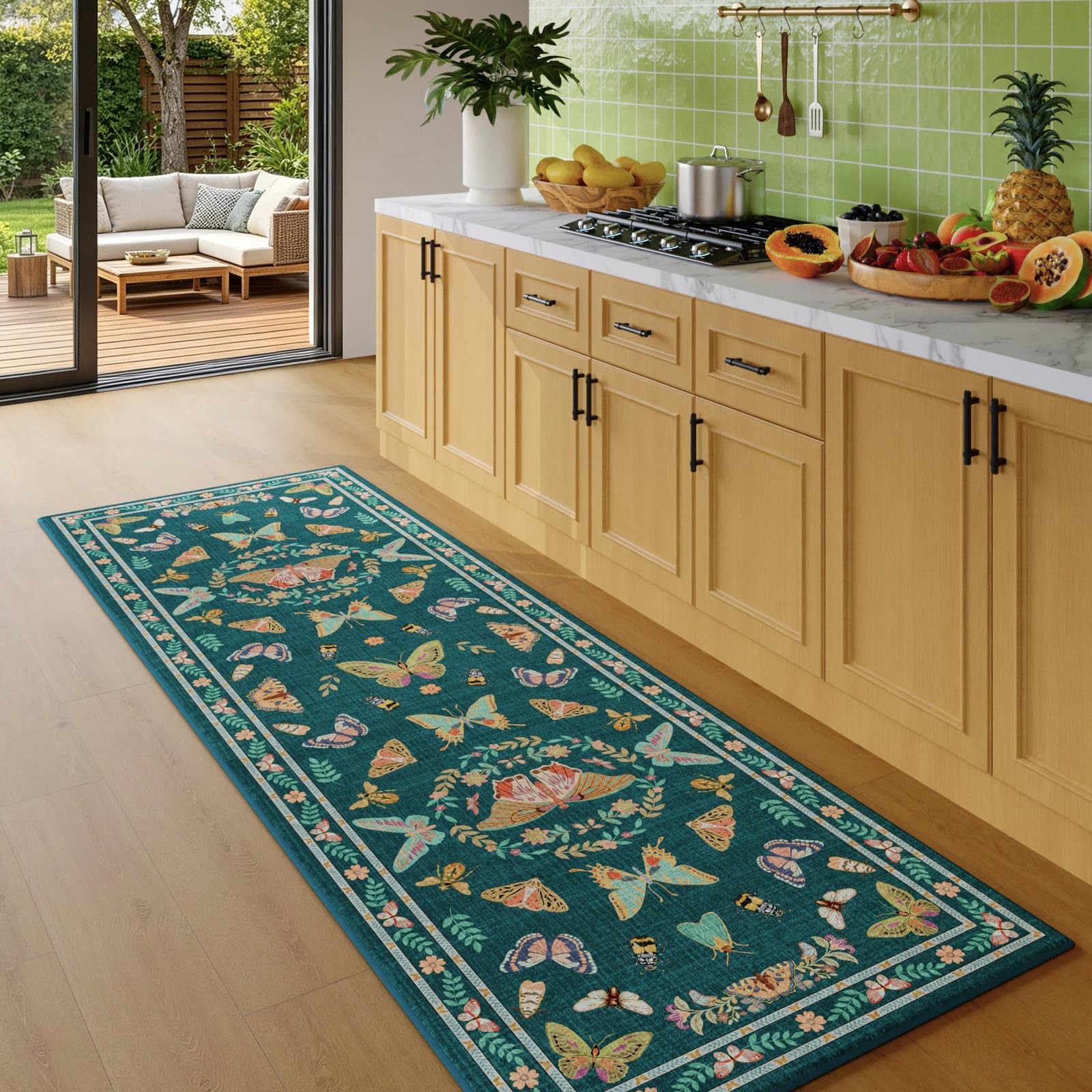 2×6 Dark Blue Runner Rug, Washable Non Slip Insect Botanical Rug for Hallway,…