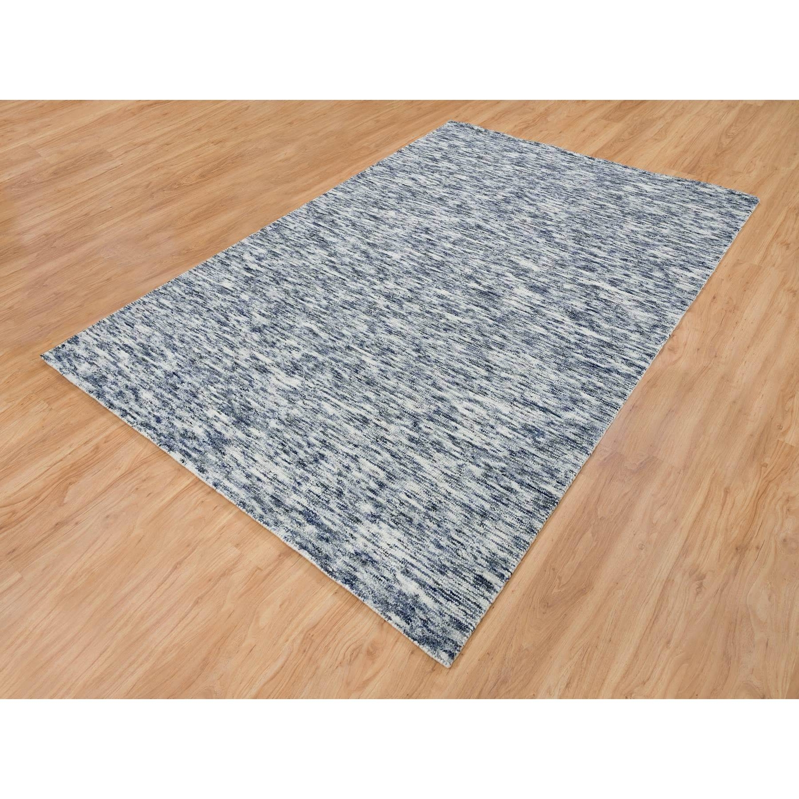 6’1″ x 9’1″ Blue and Ivory Modern Striped Design Wool Hand Loomed Rug R65250