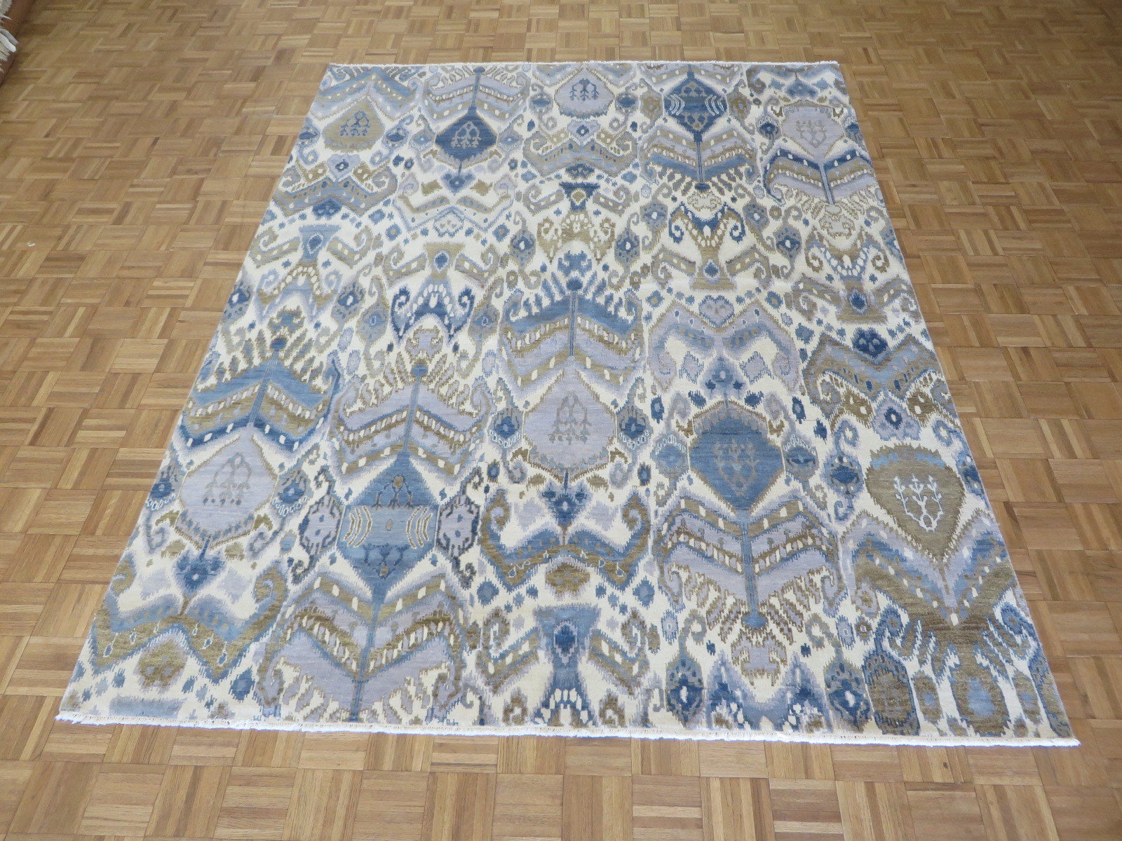 7’10 X 10’2 Hand Knotted Ivory Sky Blue Ikat Peshawar Oriental Rug G5205