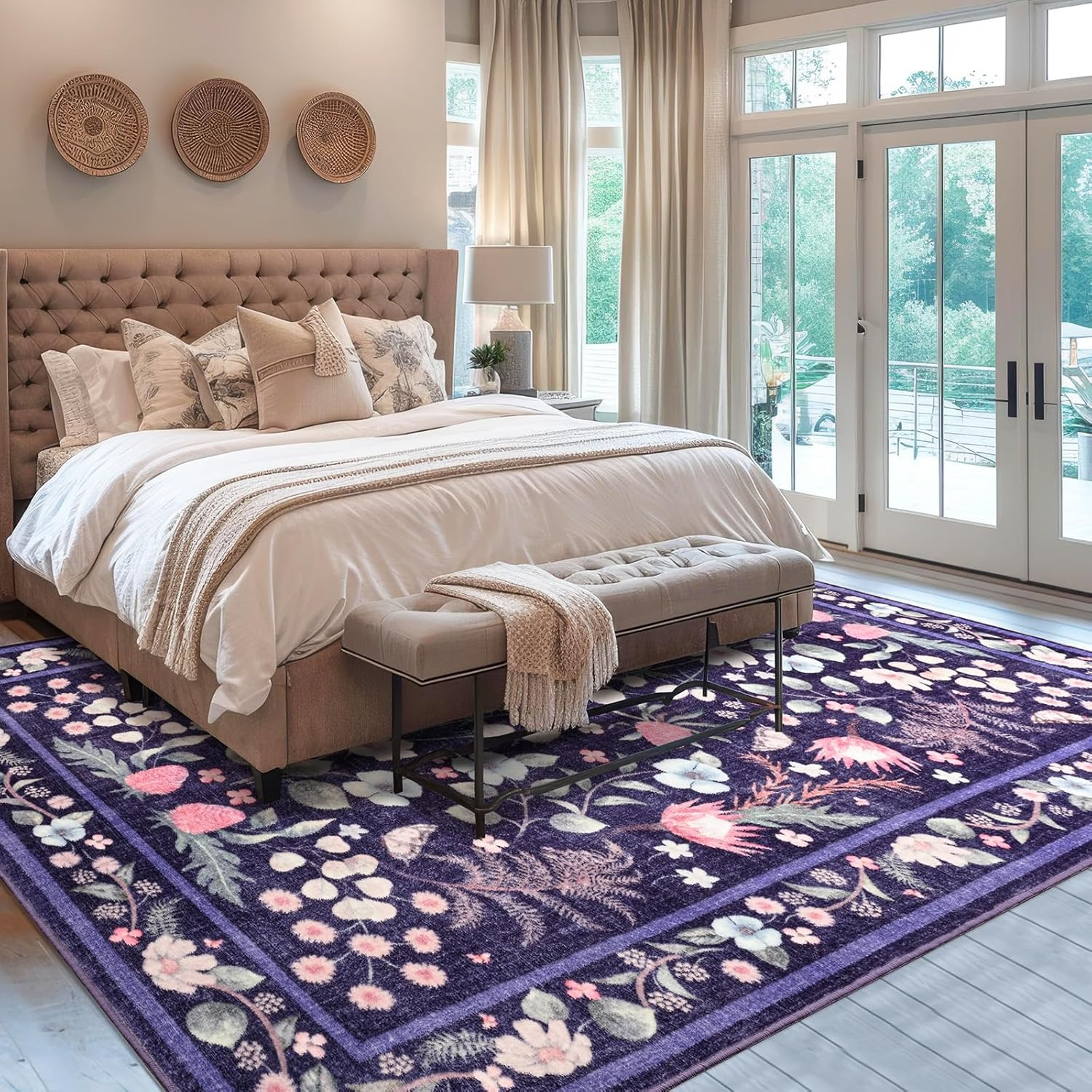 Vintage 5×7 Washable Purple Blue Area Rug – Non-Slip Floral Carpet
