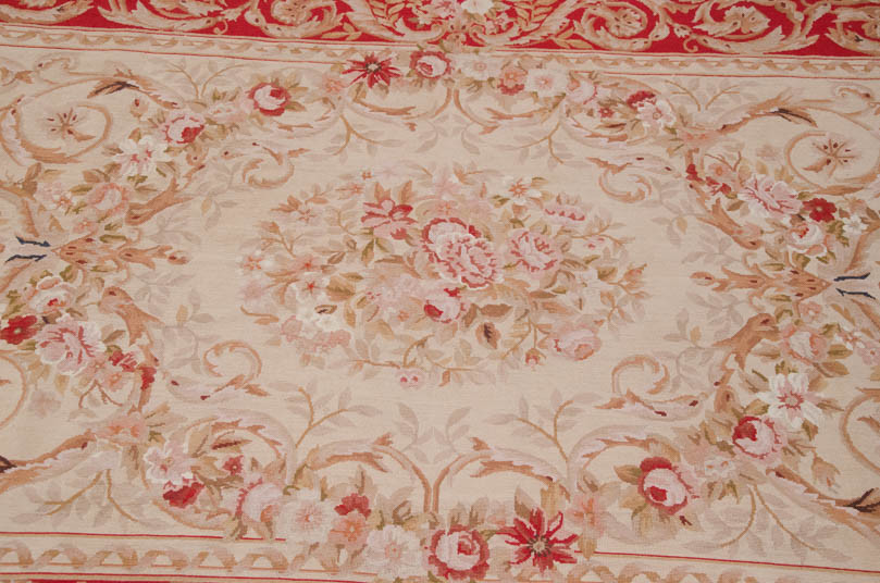 RRA 6×9 Fine Needlepoint French Aubusson Design Beige & Red Rug 14178