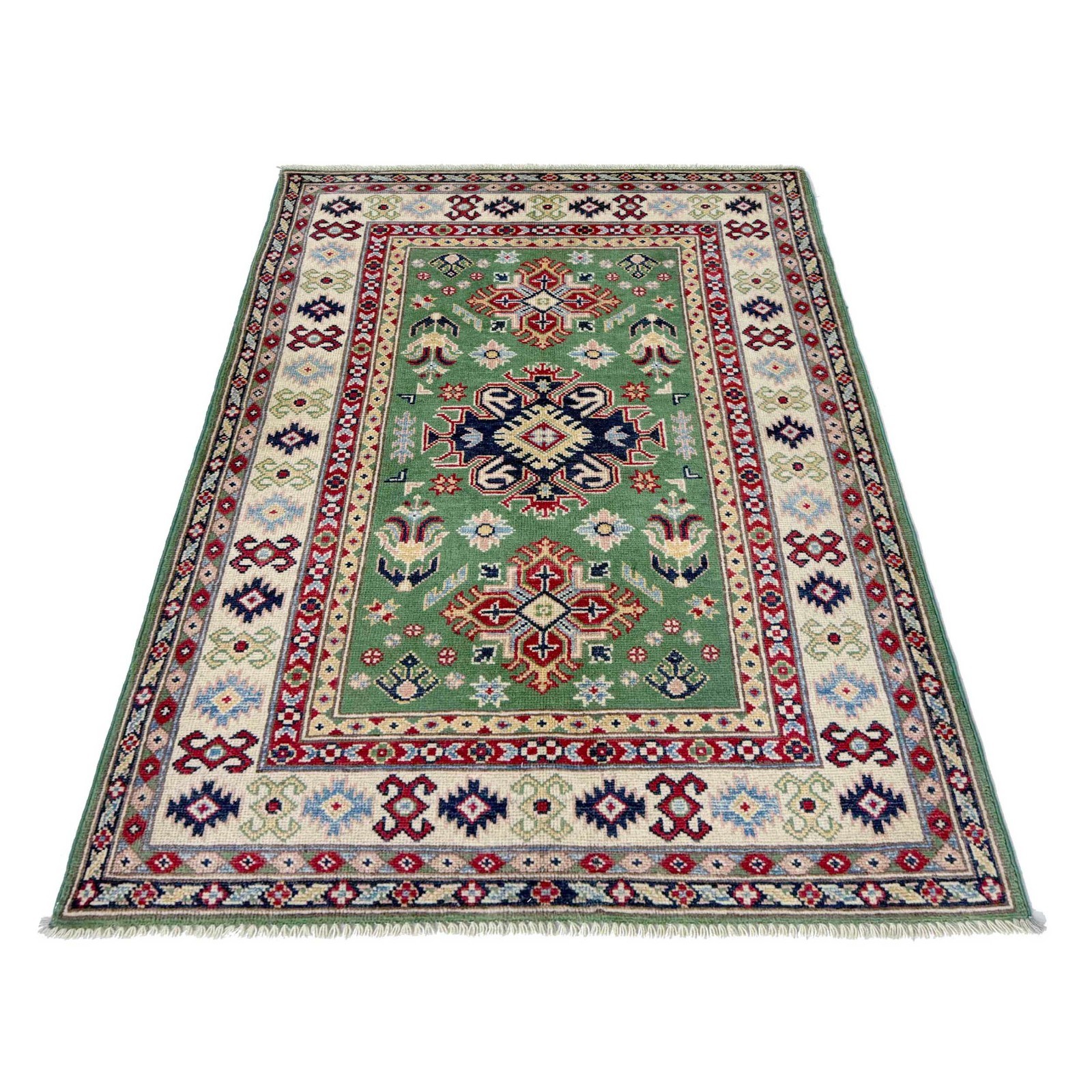 Traditional Kazak Rug 3’3×5’0 Ft Parrot Green Handmade Small Bedroom Rug, R37506