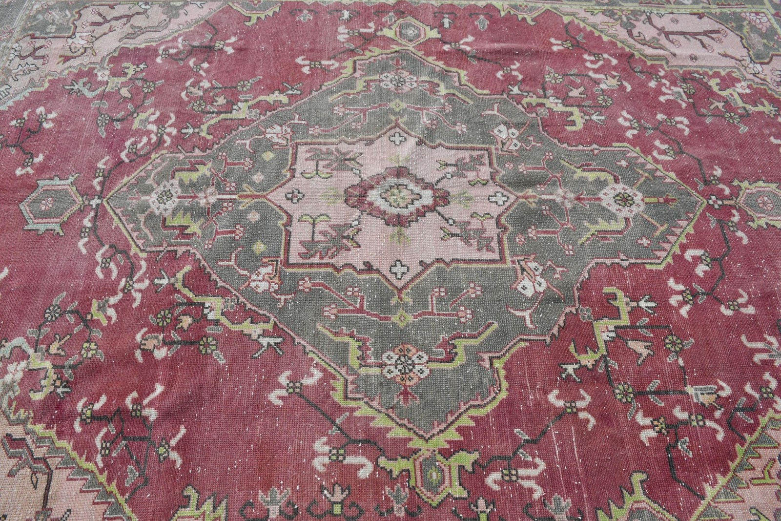 Turkish Vintage Large Rug 7,1×9,4 ft, Red Gray Check Wool Rug