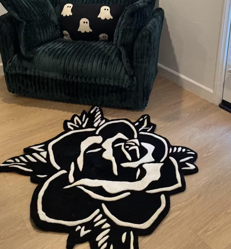 Tradional Tattoo Rug , Blackwork Rose Inked Rugs