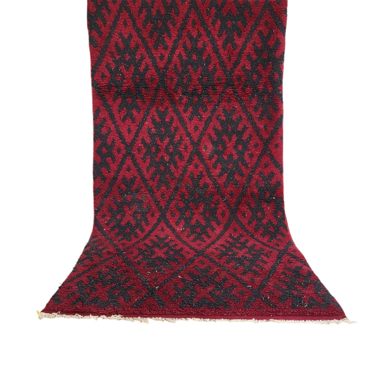 Handmade Moroccan Rug Vintage Burgundy Fringe Beige Diamond Pattern Carpet 40 Yr
