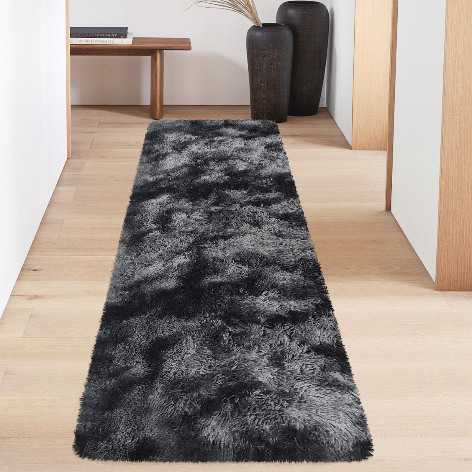 Tie-Dyed Runner Rug for Bedroom Black Grey 2x6ft Fluffy Area Rug Bedside Runner