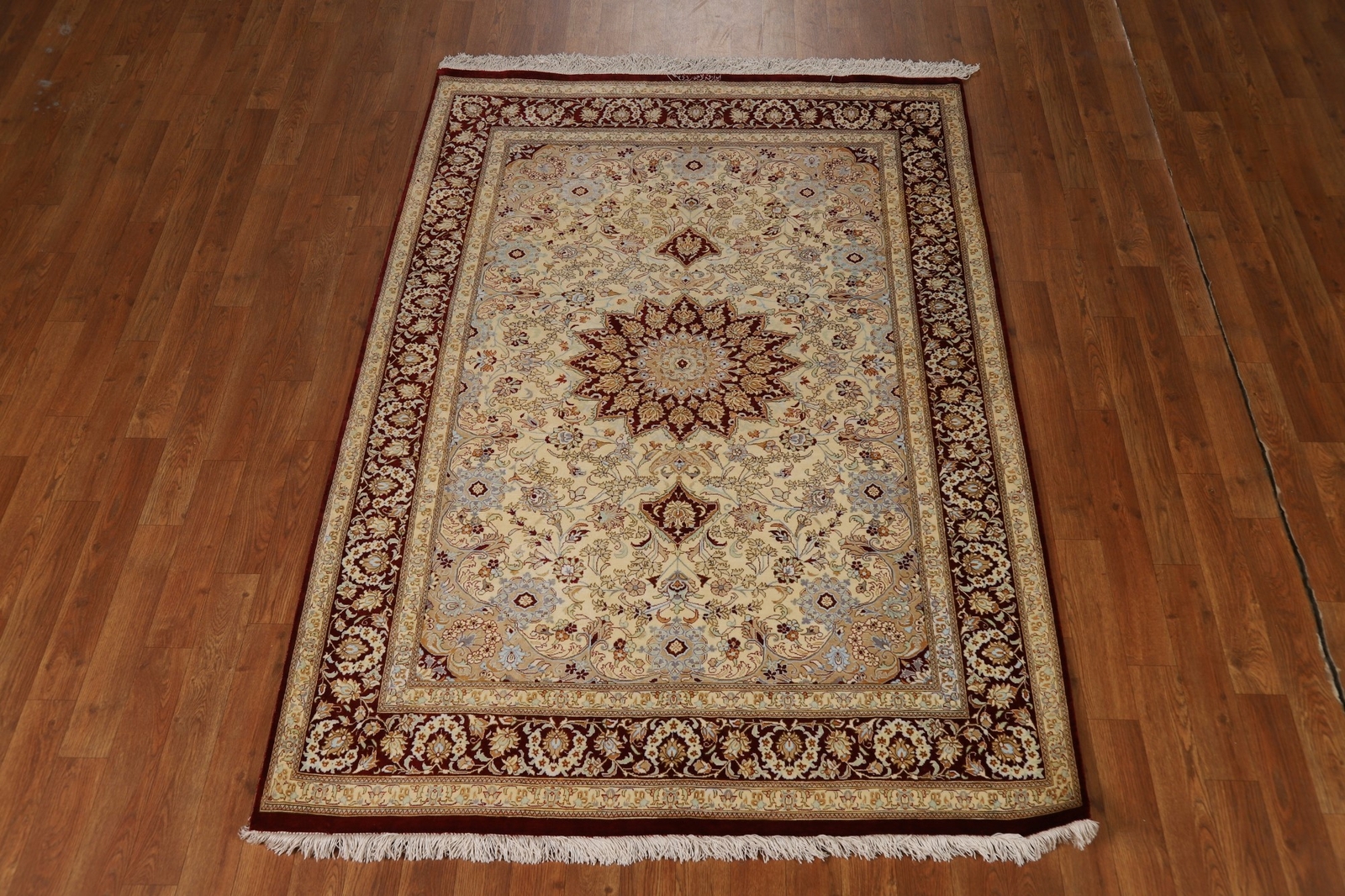 100% Silk Handmade Qquum Beige Traditional Floral Rug Area Carpet 4×6