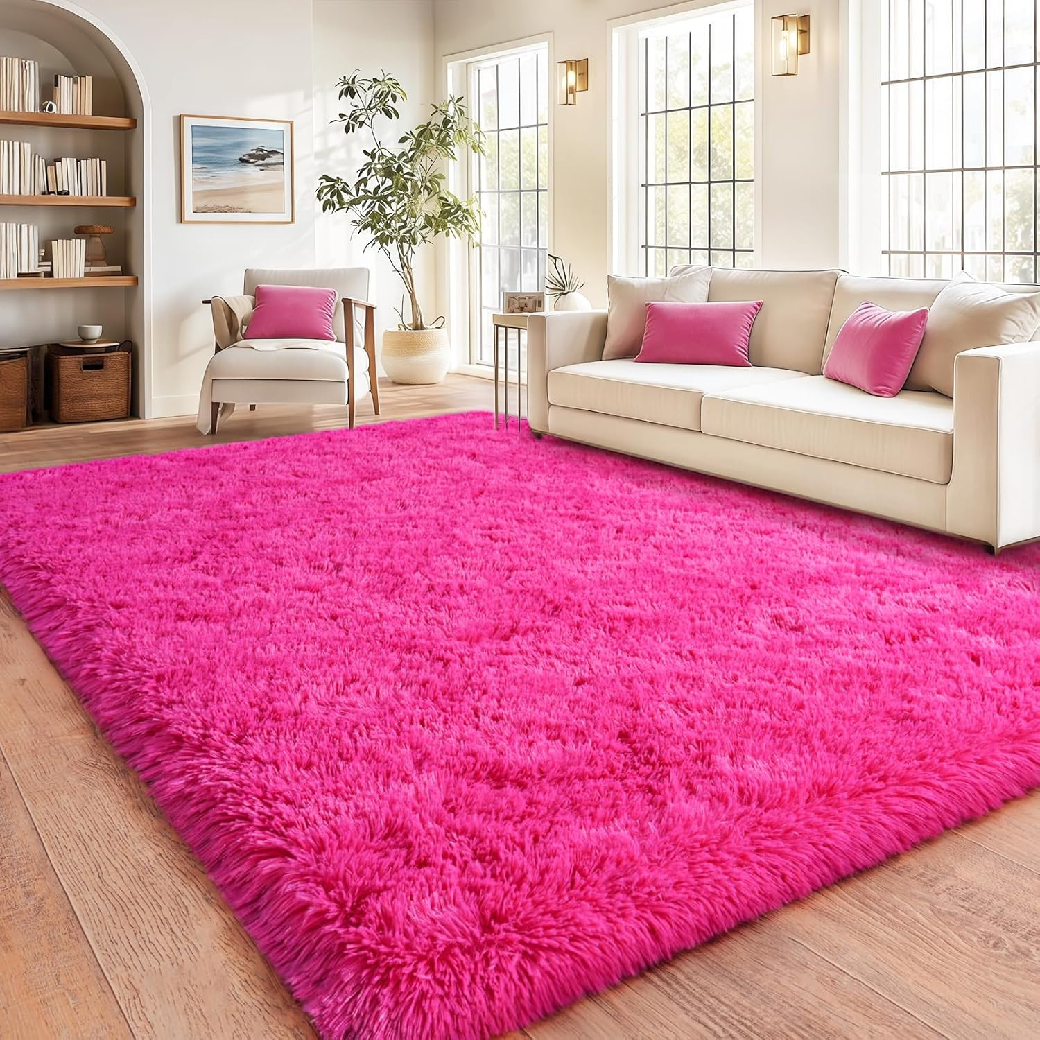 Large Fuzzy Rug 8X10 Feet Hot Pink Fluffy Rug for Living Room, Big Plush Non-Ski