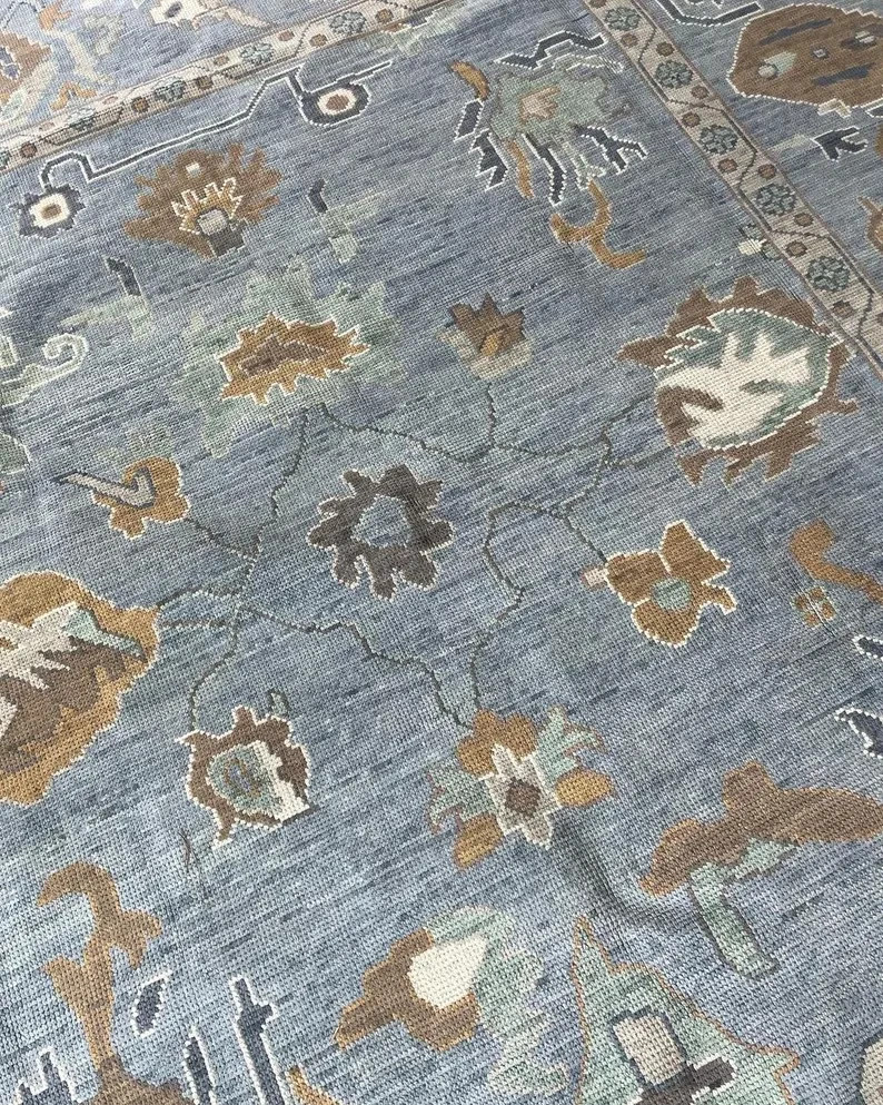 Hand Knotted Oushak Wool Rug Light Blue Beige Brown Floral Room Size