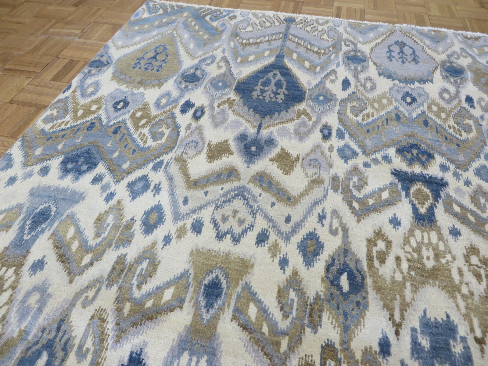7’10 X 10’2 Hand Knotted Ivory Sky Blue Ikat Peshawar Oriental Rug G5205