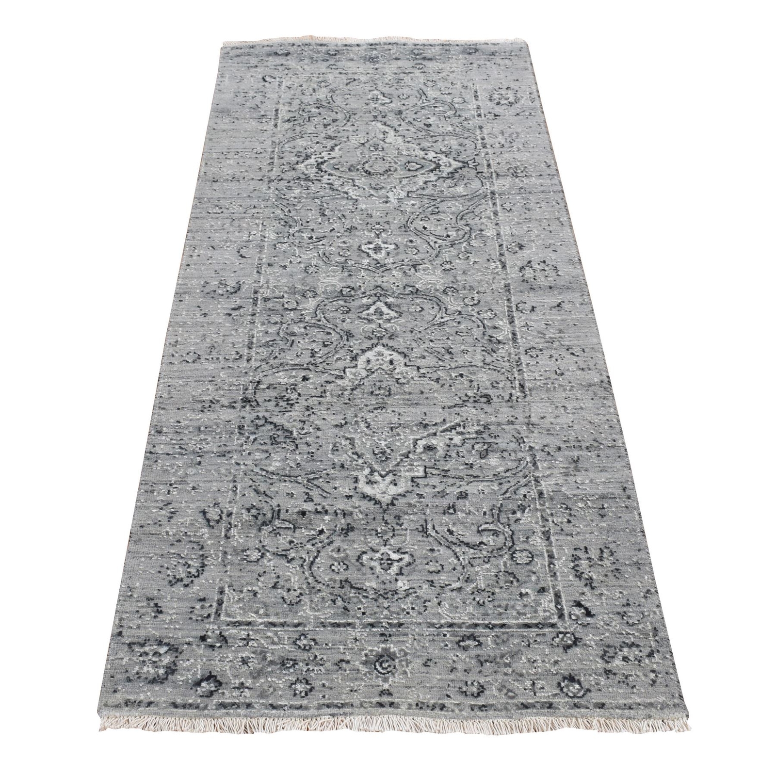 2’6″x6′ Gray Zoroastrian Erased Design Silk/Wool Hand Knotted Runner Rug R87331