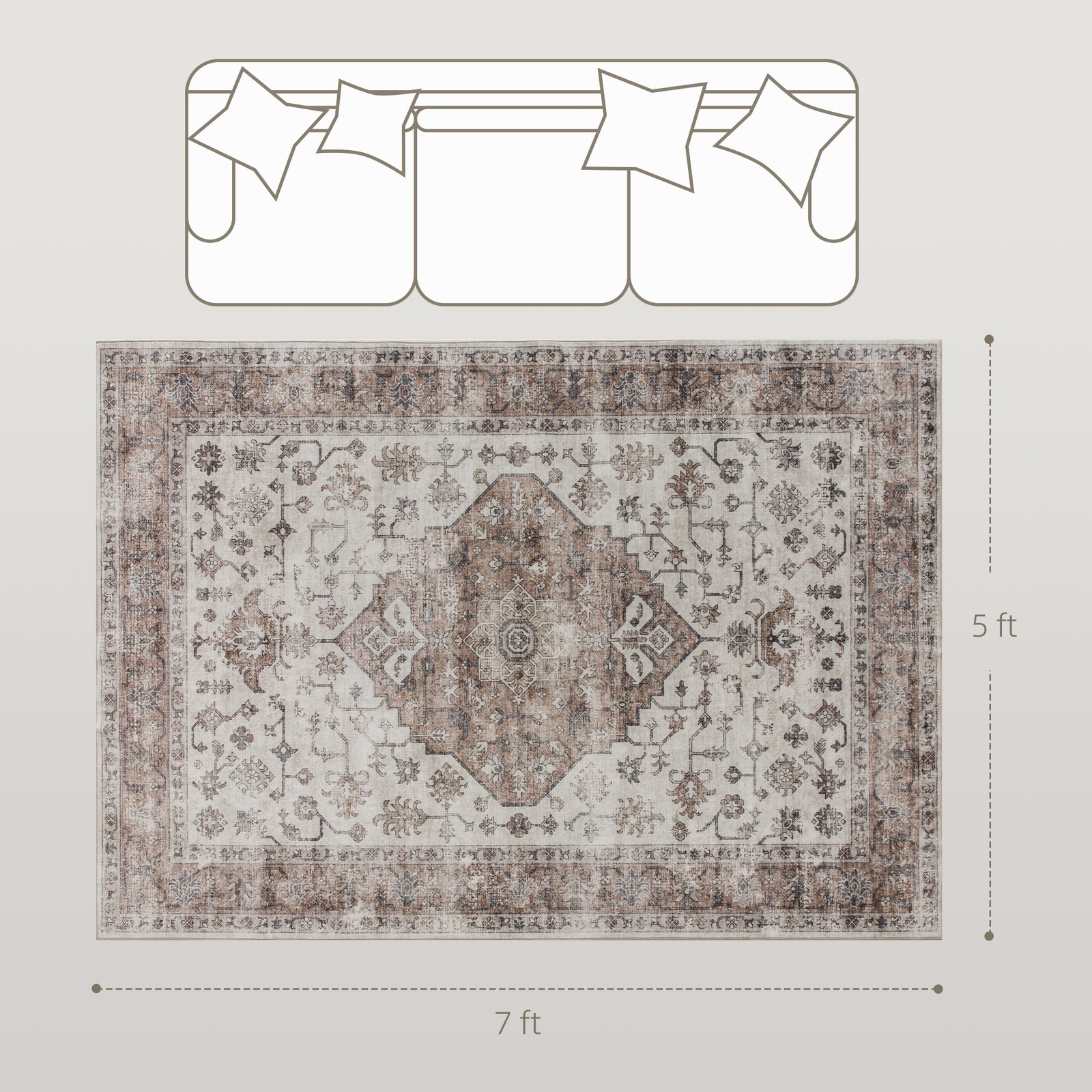 5×7 Area Rug, Vintage Machine Washable Rug for Living Room, Tan