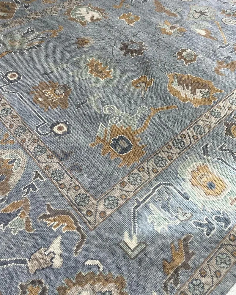 Hand Knotted Oushak Wool Rug Light Blue Beige Brown Floral Room Size