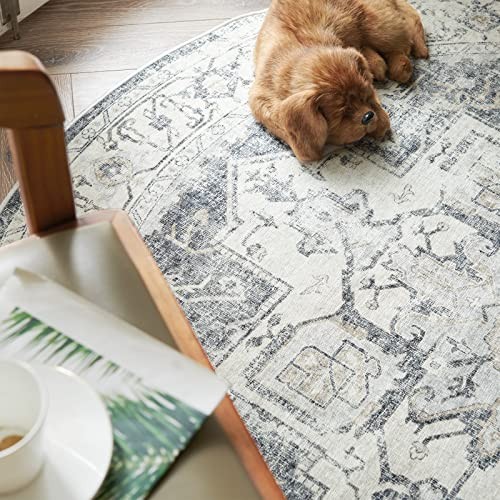 Round Rug 6ft Washable Area Rug 6′ x 6′ (Round Light Weight) Medallion Grey
