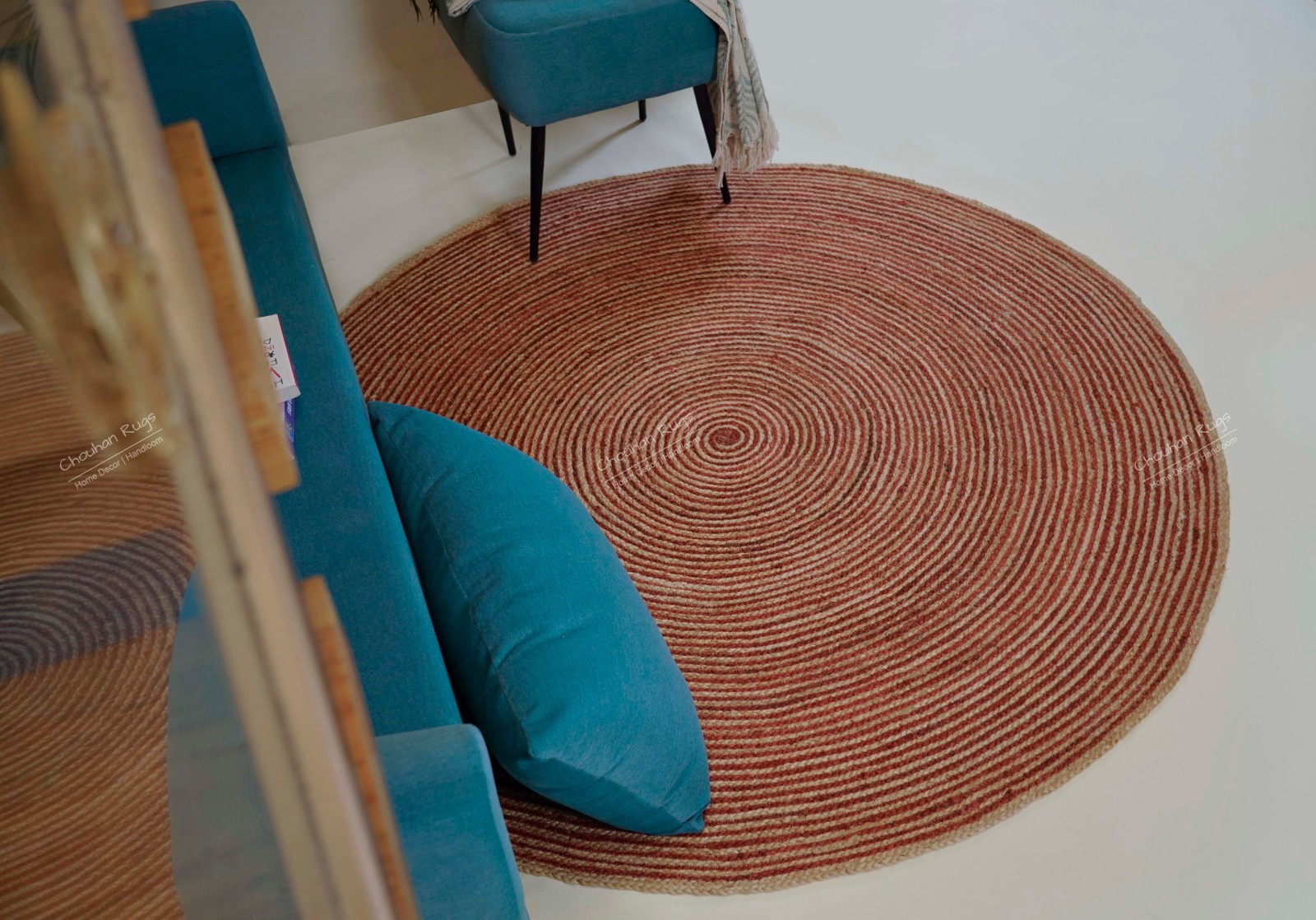 Handmade Round Beige And Red Stripes Jute rug Boho Vintage area Rugs for Home