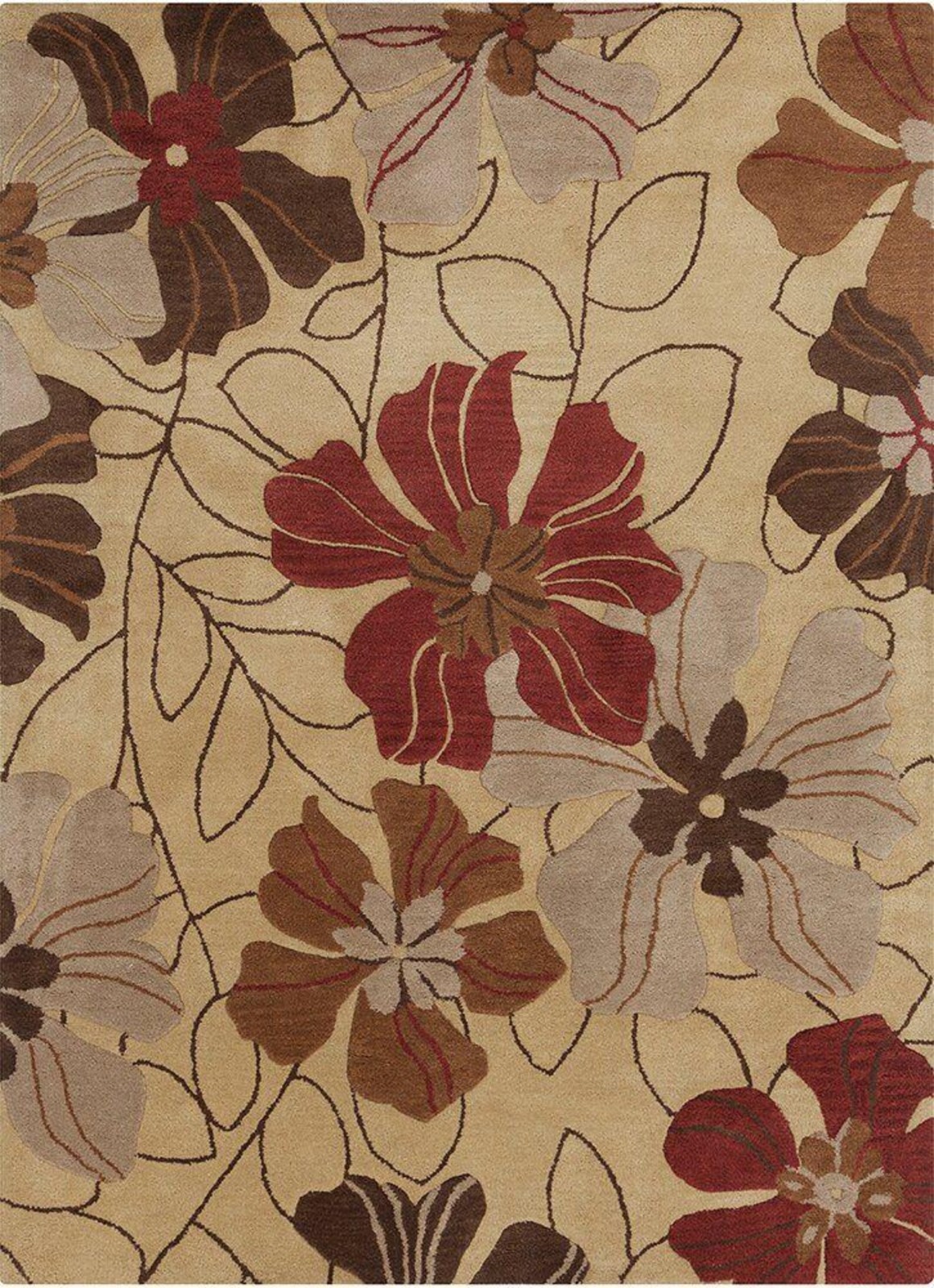 Hand Tufted Floral Wool Rug, Beige Burgundy Botanical Area 5×8 Design Carpet Rug