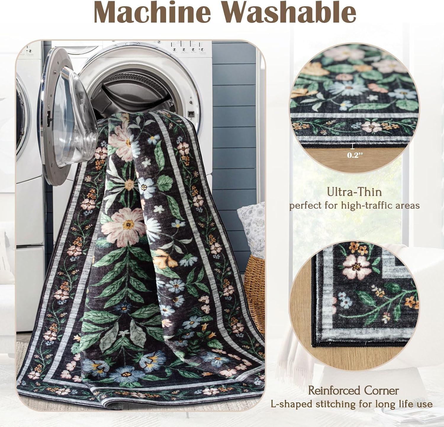 Washable Area Rug 8X10 – Large Charcoal Black Boho Rugs for Living Room Soft Vin