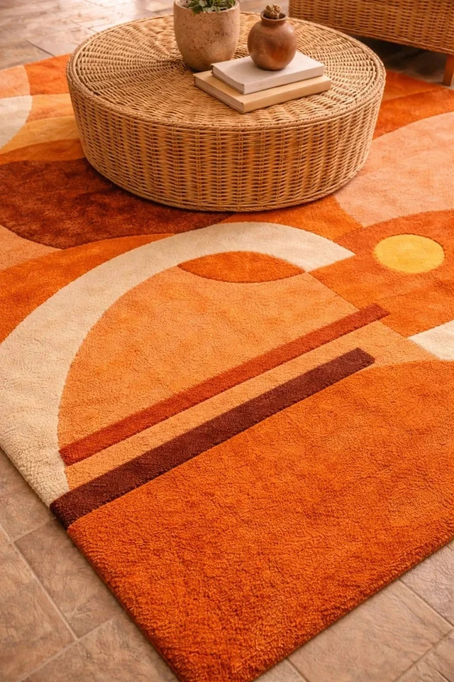 Hand Tufted Modern Abstract Orange Wool Rug Retro Geometric Area Rug Carpet.