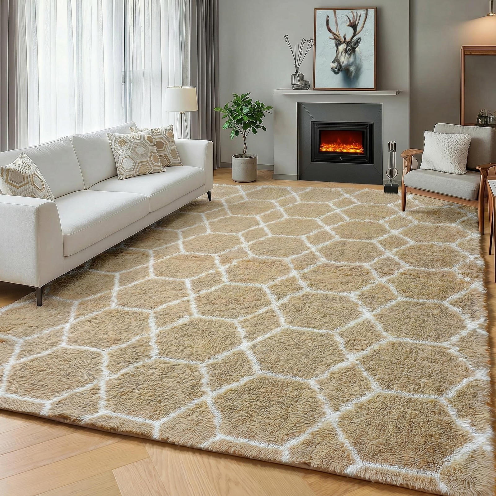 ONASAR 5×7 Area Rugs for Living Room Bedroom, Fluffy Beige and White Shag Rug
