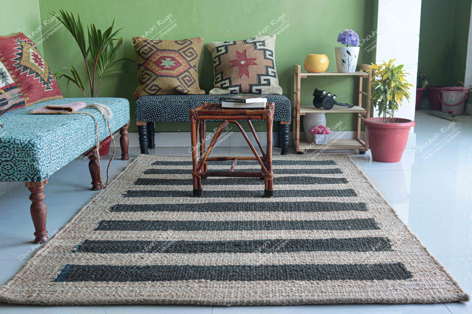 Handwoven Boho Décor Hemp Jute Rug, Beige and Black Stripes Home and Living Room