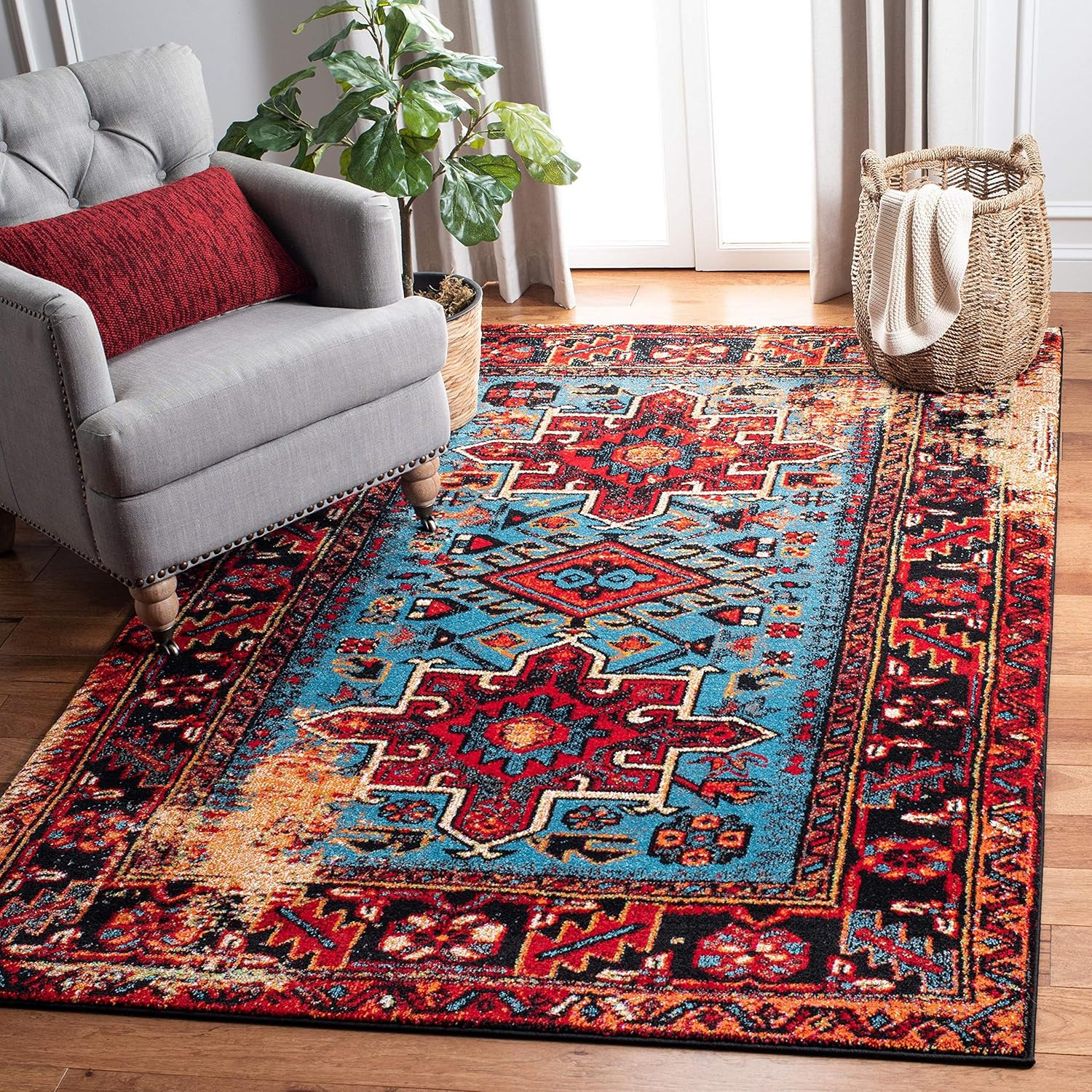 Vintage Hamadan Collection Area Rug – 3′ Square, Red & Light Blue, Traditional P