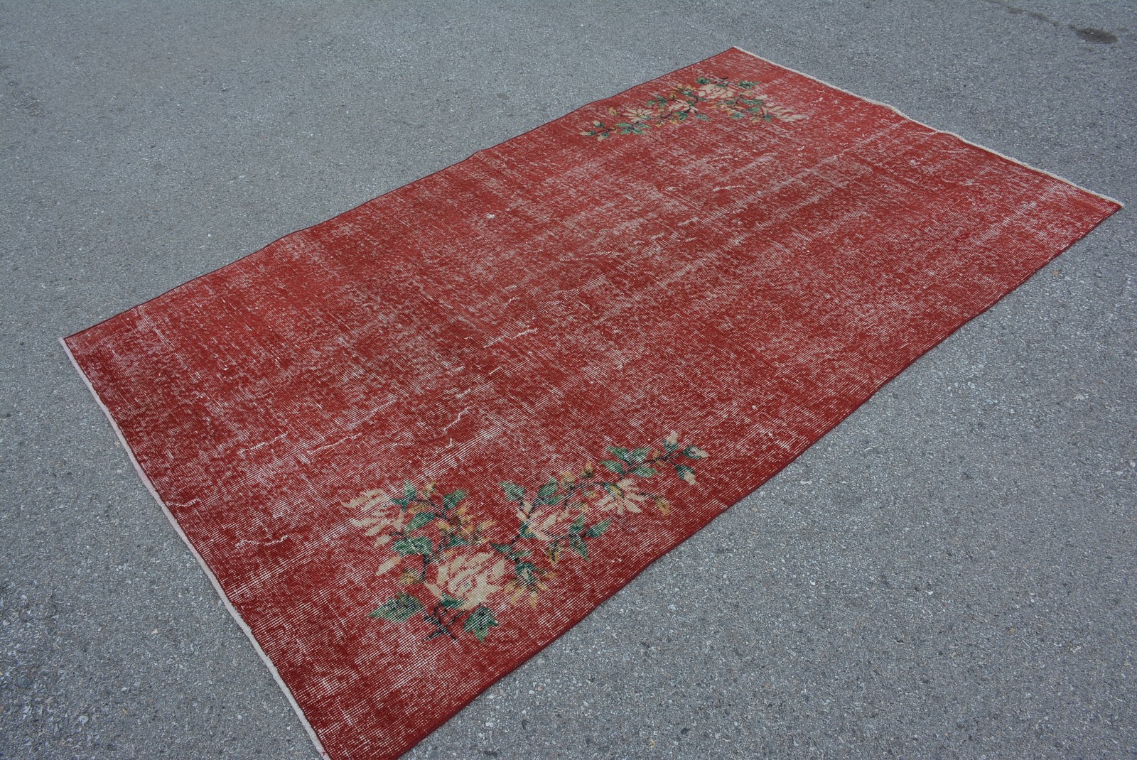 Vintage Area Rug 4,3×7,5 ft, Red Green Abstract Rug Wool