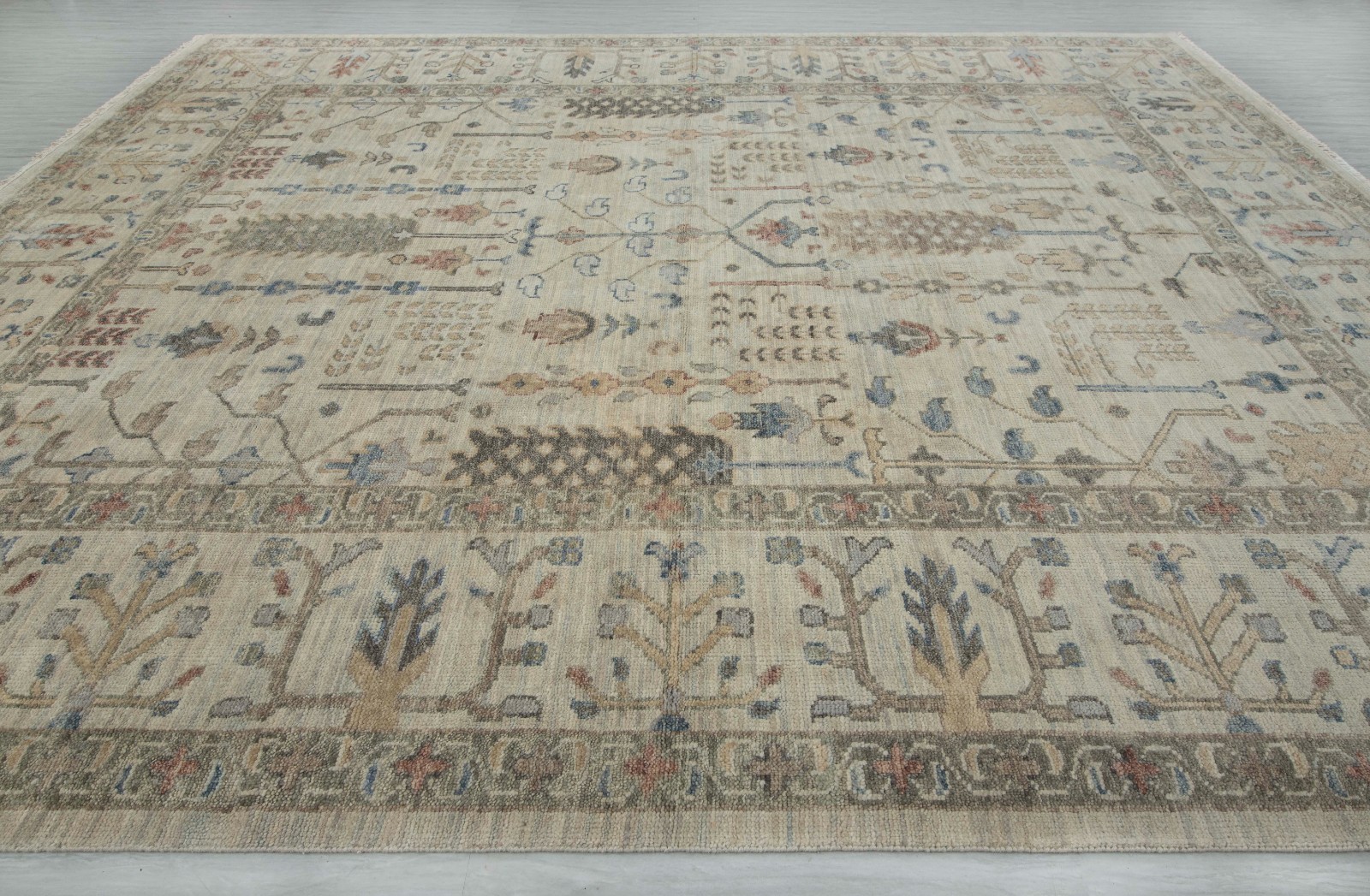 12×15 Soft Muted Beige Cypress Tree Look Fine Quality Wool Handmade Oversize Rug