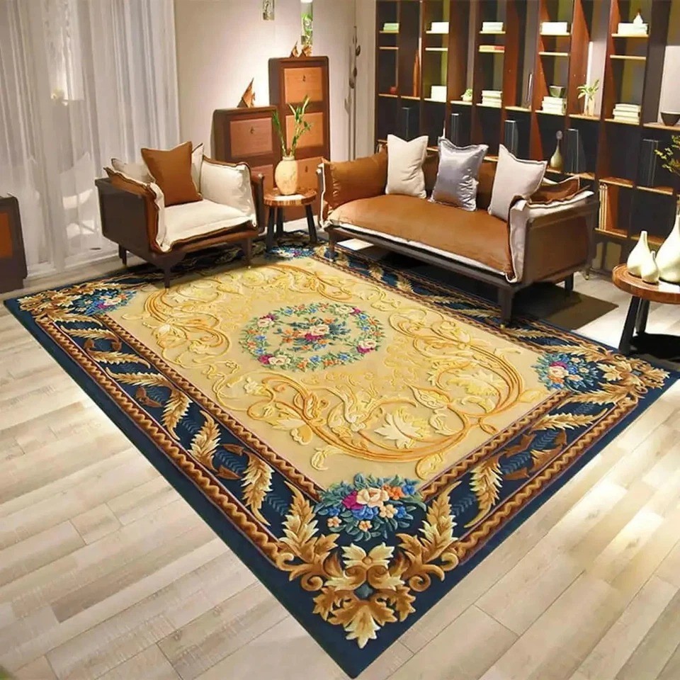Aubusson Style Hand Tufted NZ Wool French Floral Medallion Carpet with Navy Rug