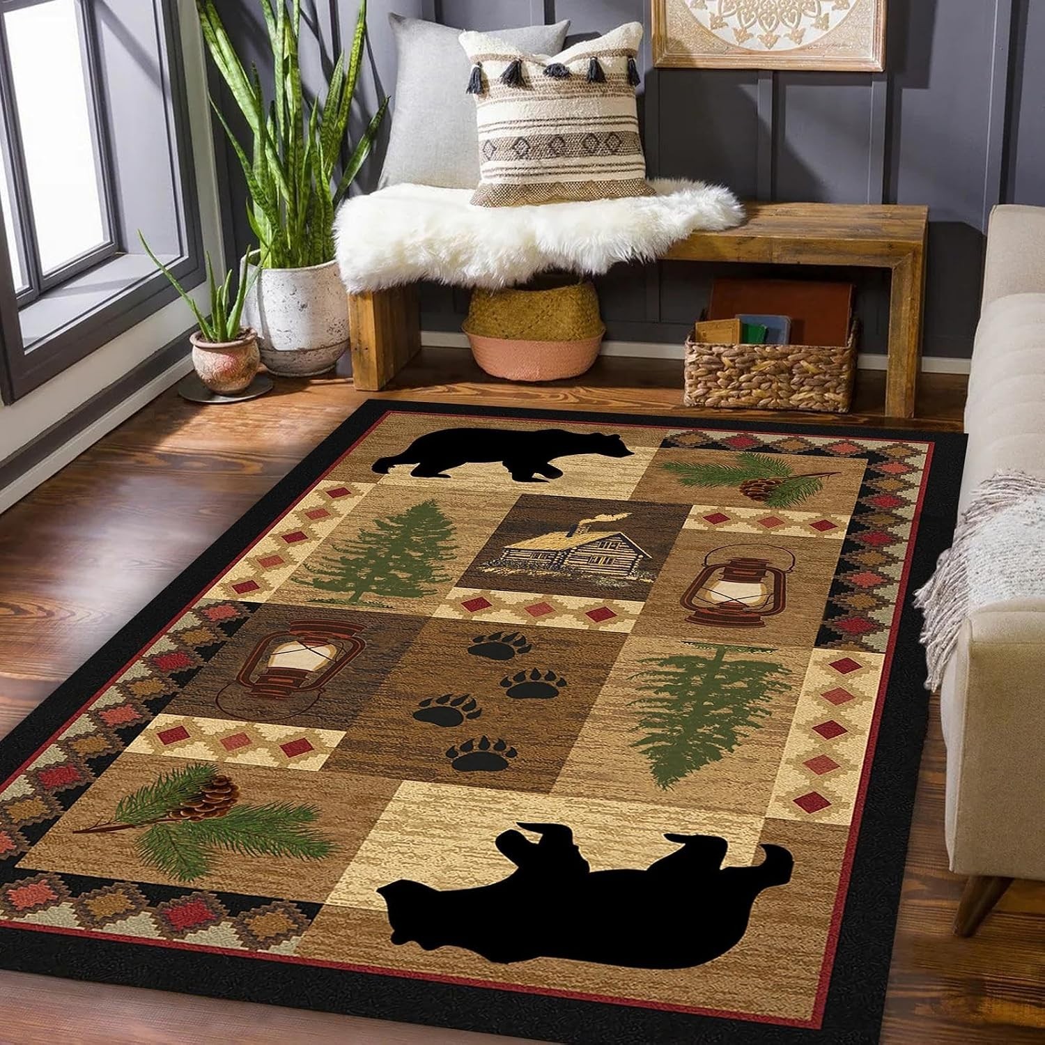 Rustic Black Bear Rug, 3×5 Ft Non-Slip Cabin Carpet for Home Decor