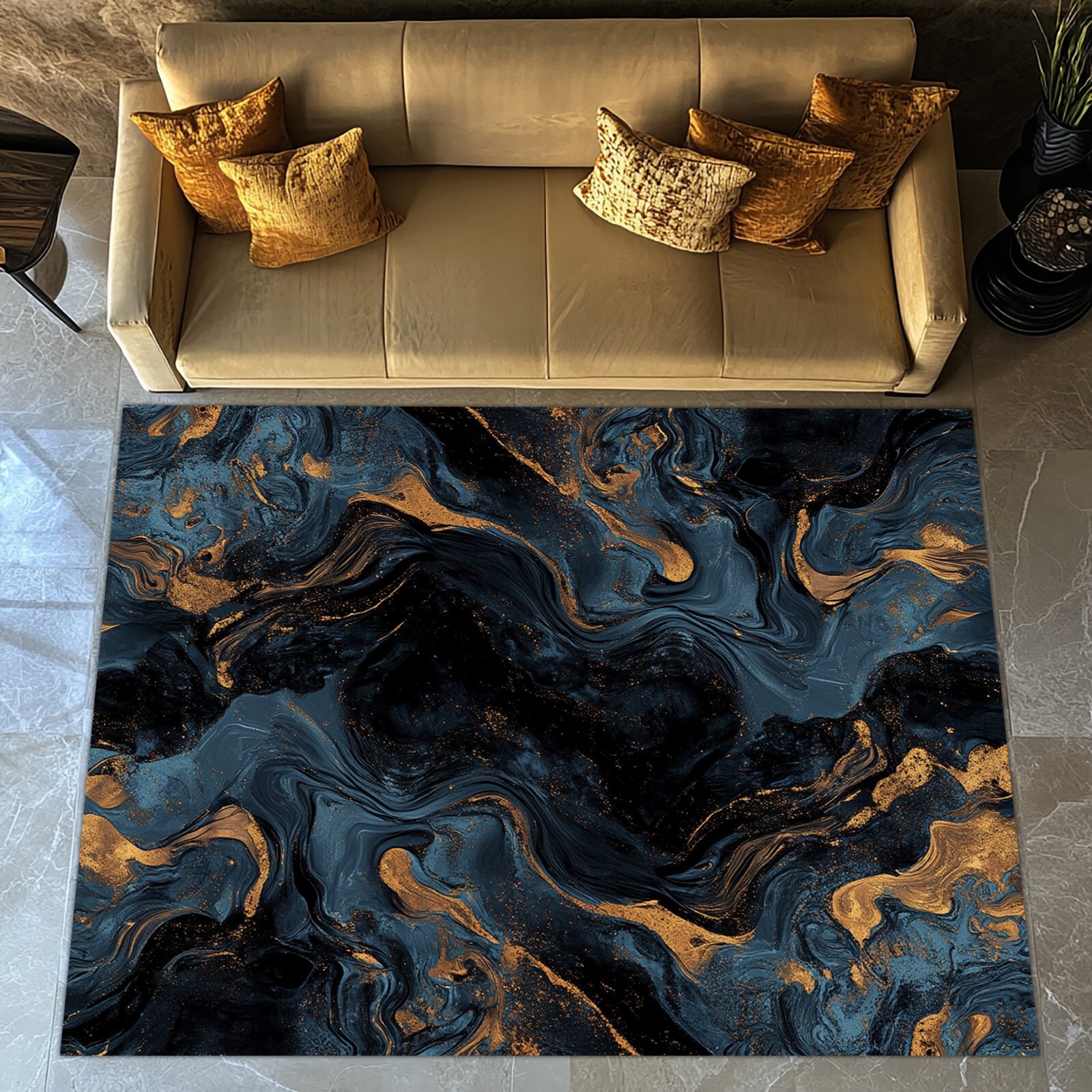 Marble Rug, Blue Gold Marble Rug, ,Gift Marble Rug,Marble Design Rug,Marble