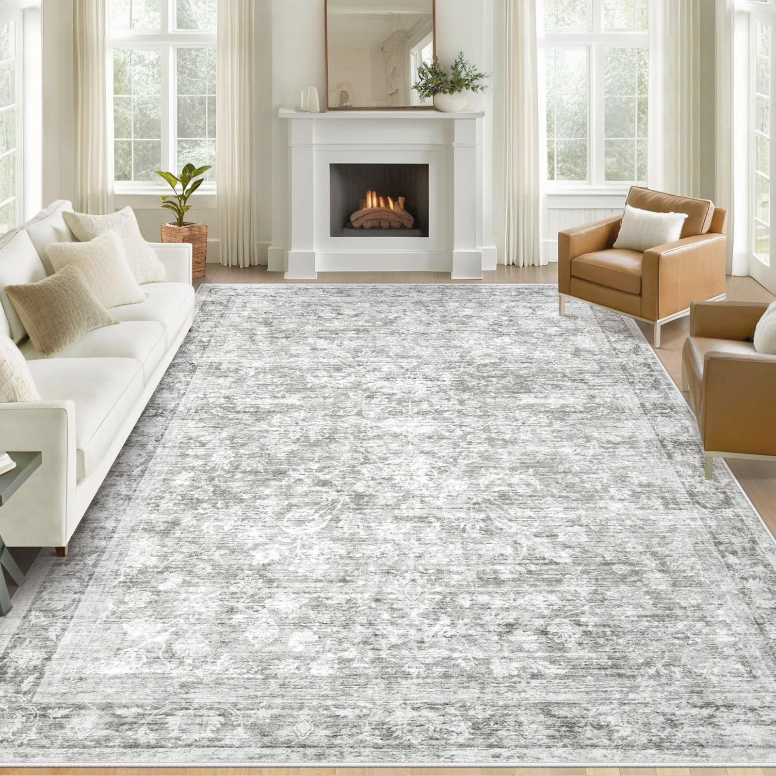 8×10 Area Rugs for Living Room: Washable Large Vintage Floral Rug Low Pile No…