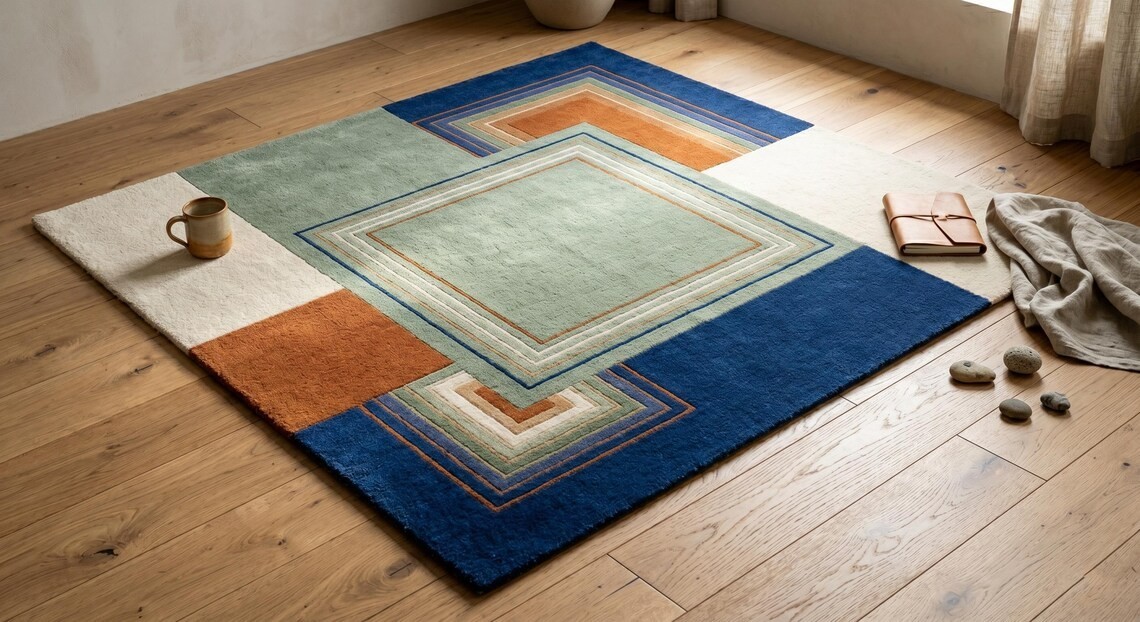 Hand Tufted Wool Rug – Abstract Geometric Living Room, New Zealand Wool, Carpet