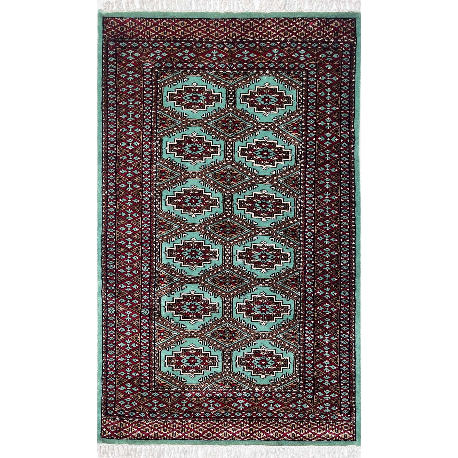 Handmade Woolen Rug Gul Bukara Sea Green Hand Knotted 3×5 feet (90x150cm)