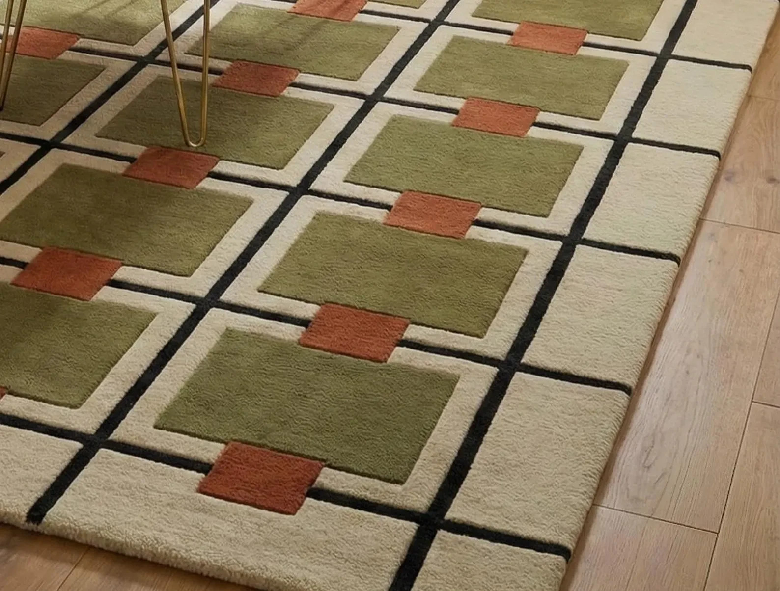 Hand Tufted Wool Rug Modern Geometric Grid Olive Green Rust Living Room Carpet