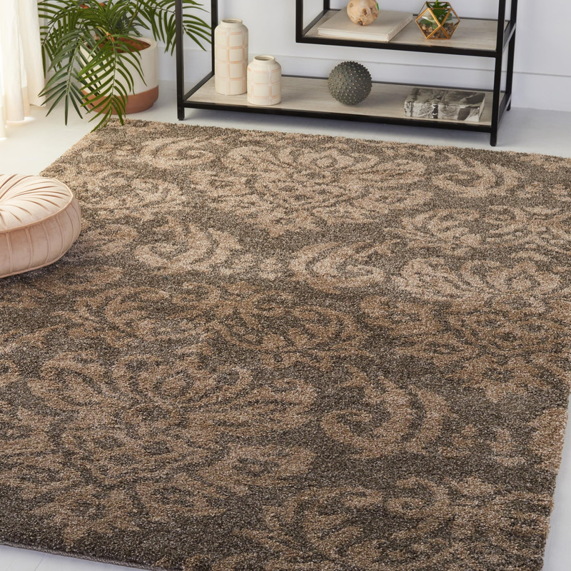 Safavieh Florida Shag Collection Area Rug – 53 X 76 Smoke Beige Damask Design