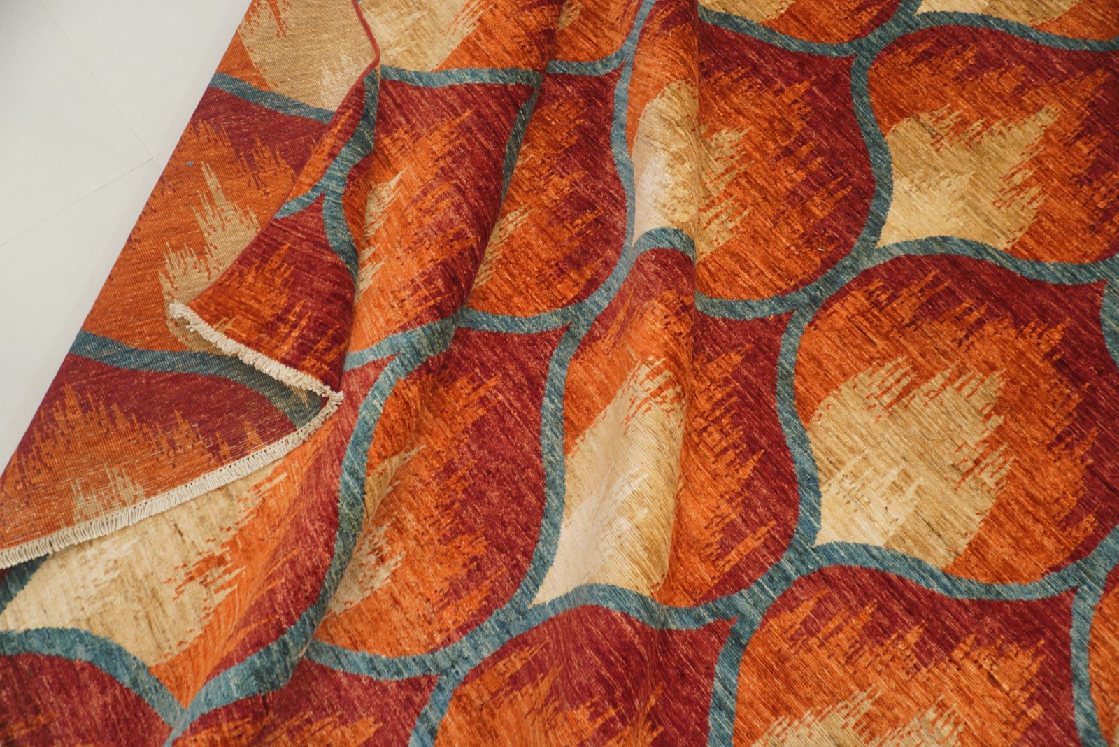 9×12 Rust Orange Ikat Afghan Hand Knotted Wool Area Rug
