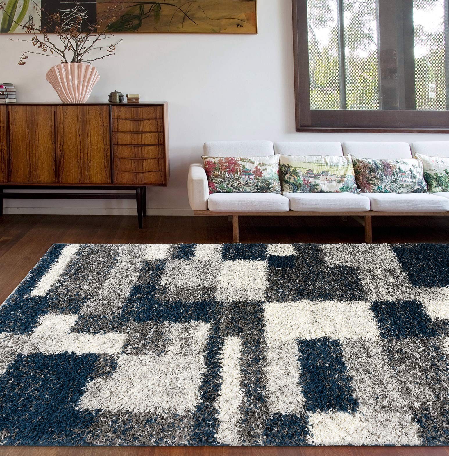Rugshop Distressed Modern Boxes Plush Shag Area Rug 5′ x 7′ Navy