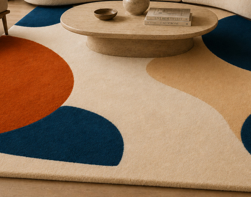 Hand Tufted Abstract Wool Area Rug Modern Blue Orange Cream Living Room Carpet