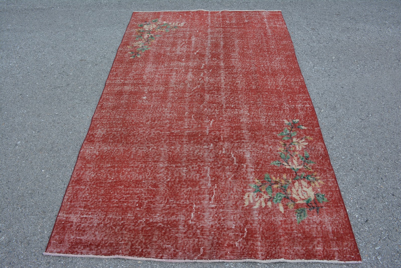 Vintage Area Rug 4,3×7,5 ft, Red Green Abstract Rug Wool