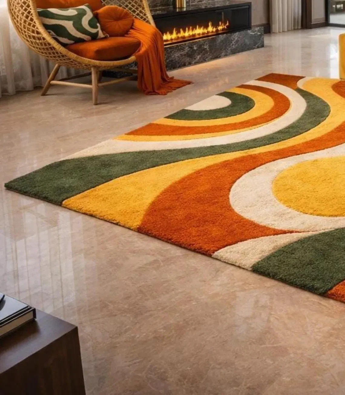 Retro 70s Groovy Hand Tufted Rug Orange Yellow Green Wavy Swirl Area Carpet