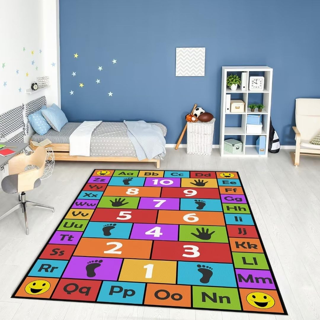 Kid Hopscotch Play Rug 31×47 in Red – Non-Slip Educational Carpet for Playroom